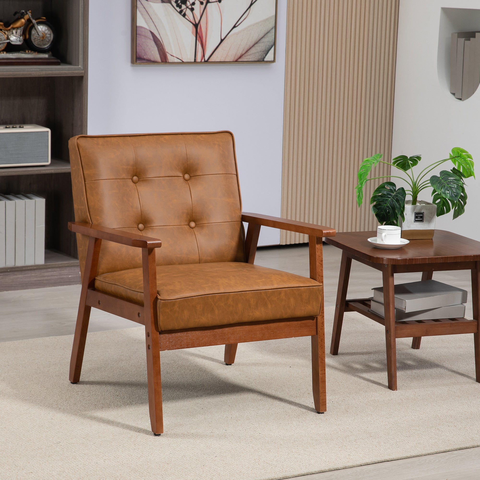 Retro-Style Accent Chair, with Faux Leather Seat - Brown