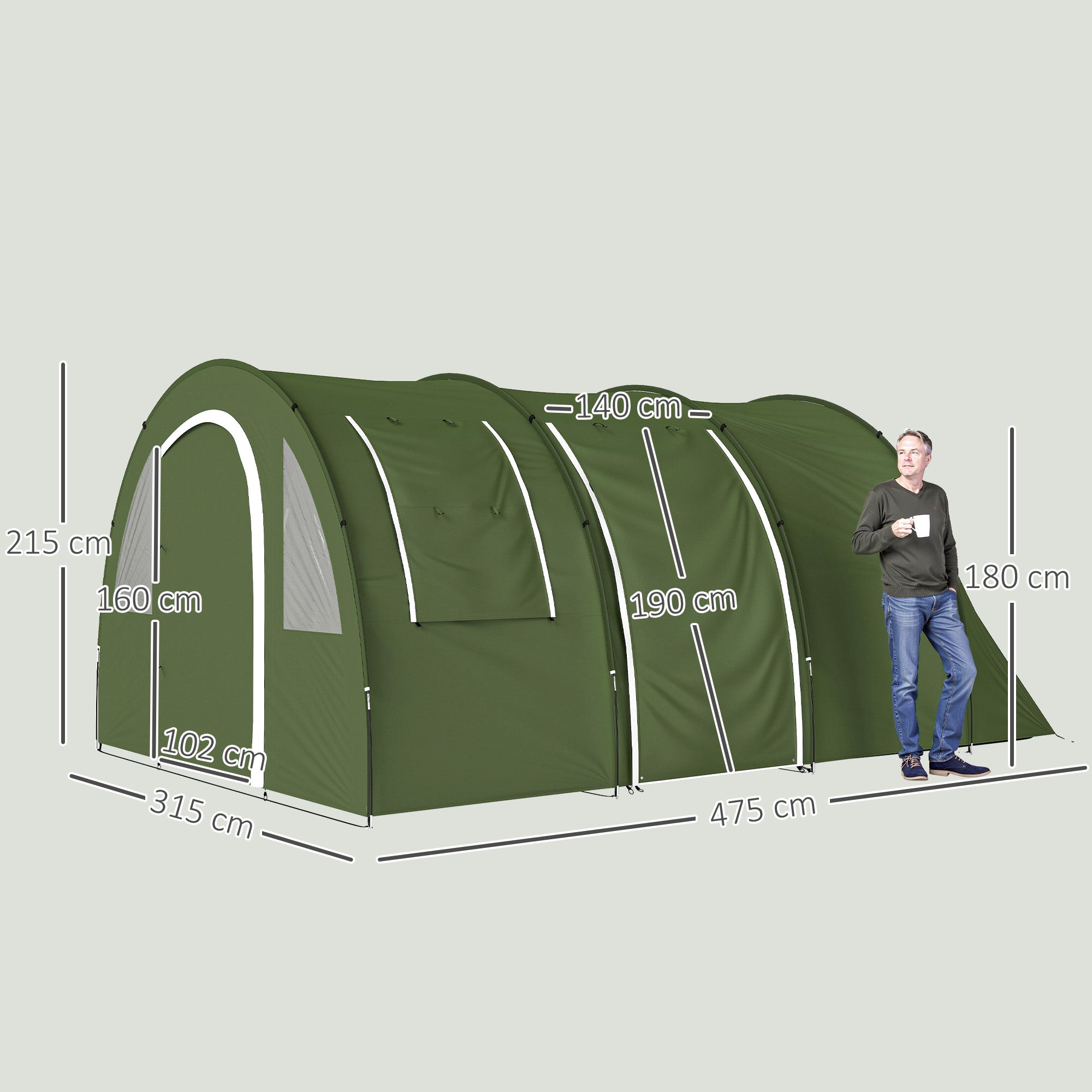 5-6 Man Camping Tent with 2 Room, Floor and Carry Bag - Green