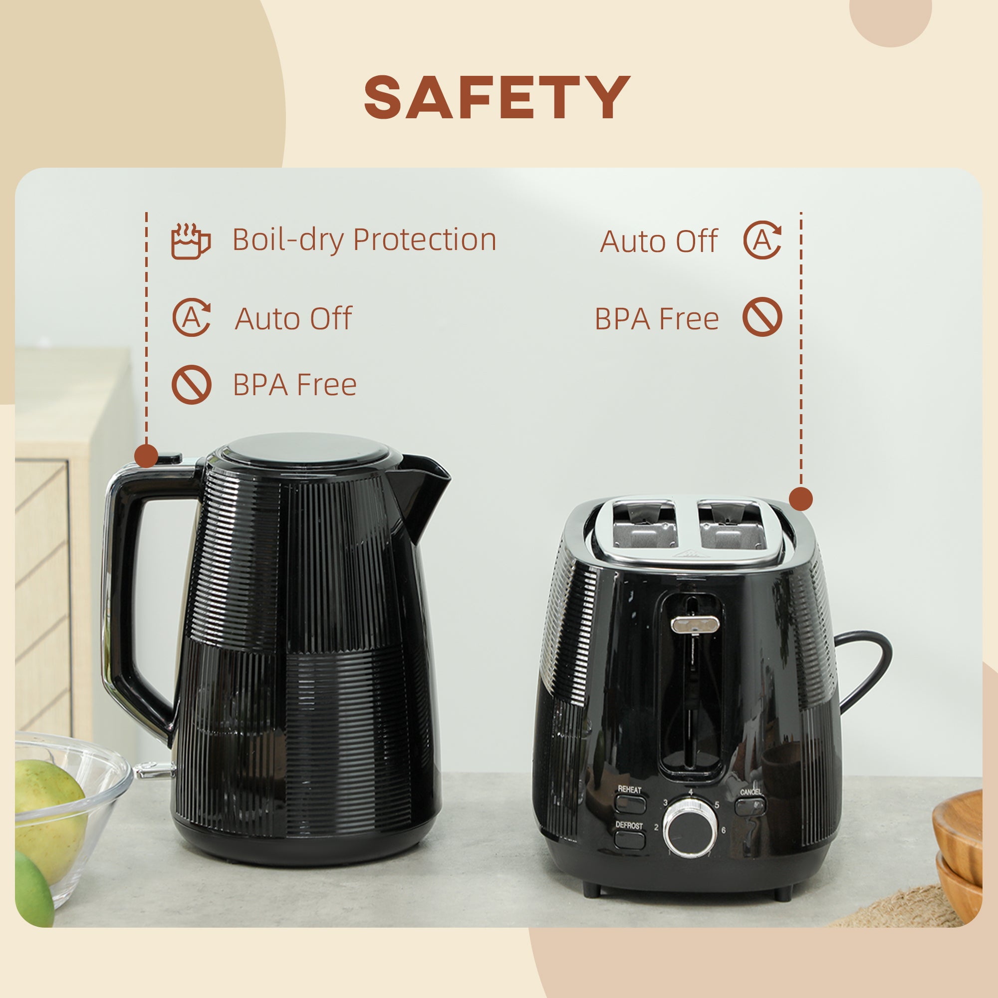 1.7L 3000W Fast Boil Kettle & 2-Slice Toaster Set with 7 Browning Levels, Defrost & Reheat - Black
