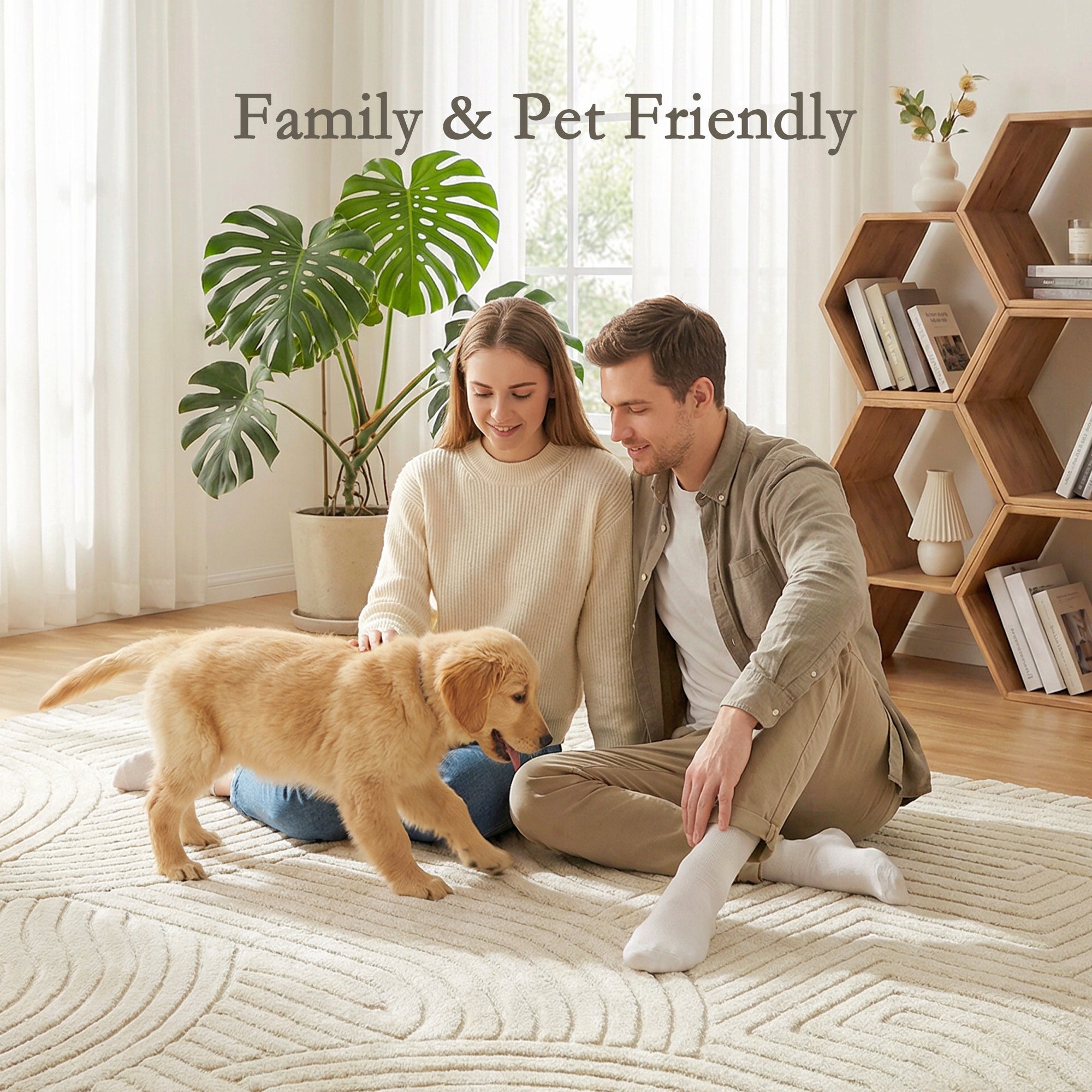 Modern Geometric Rug, Thick Plush, Non-Slip, 200 x 140 cm – Cream, Living Room/Bedroom/Office