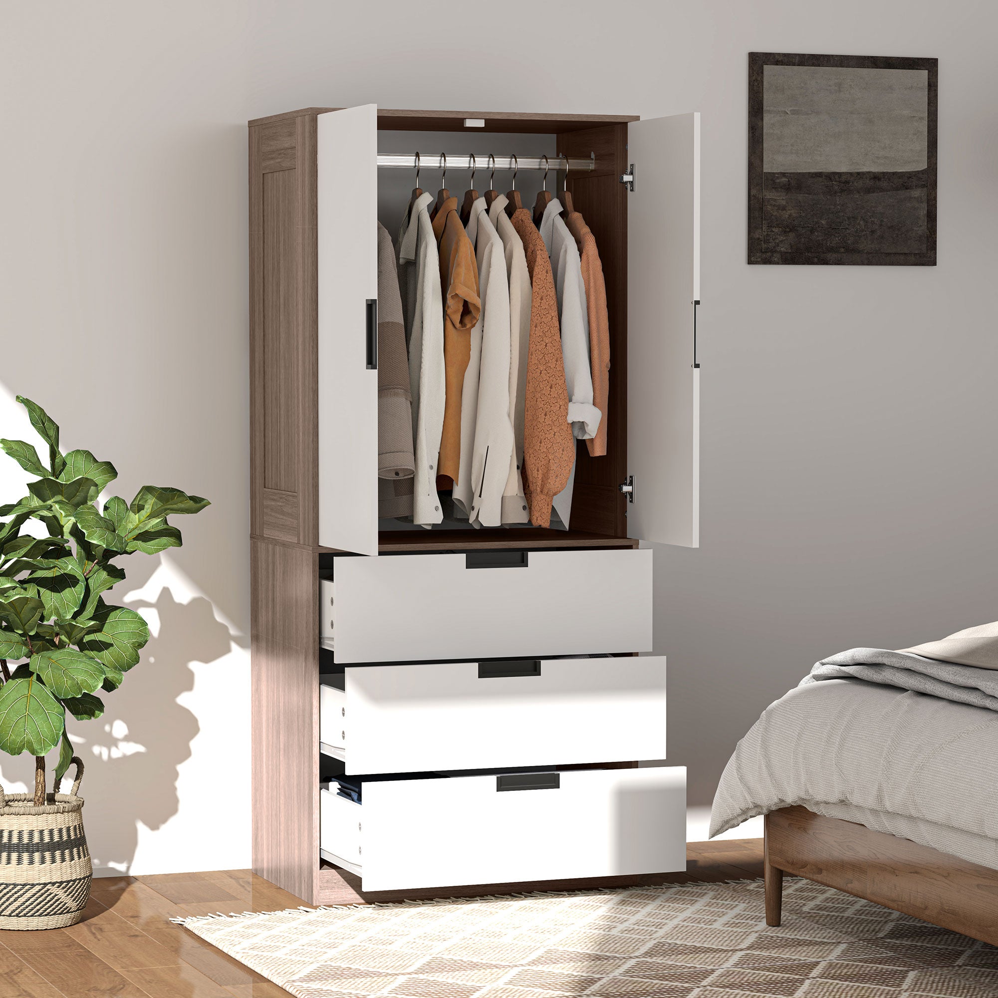 Two Door Two Drawer Wardrobe with Brown Accents - White/Brown