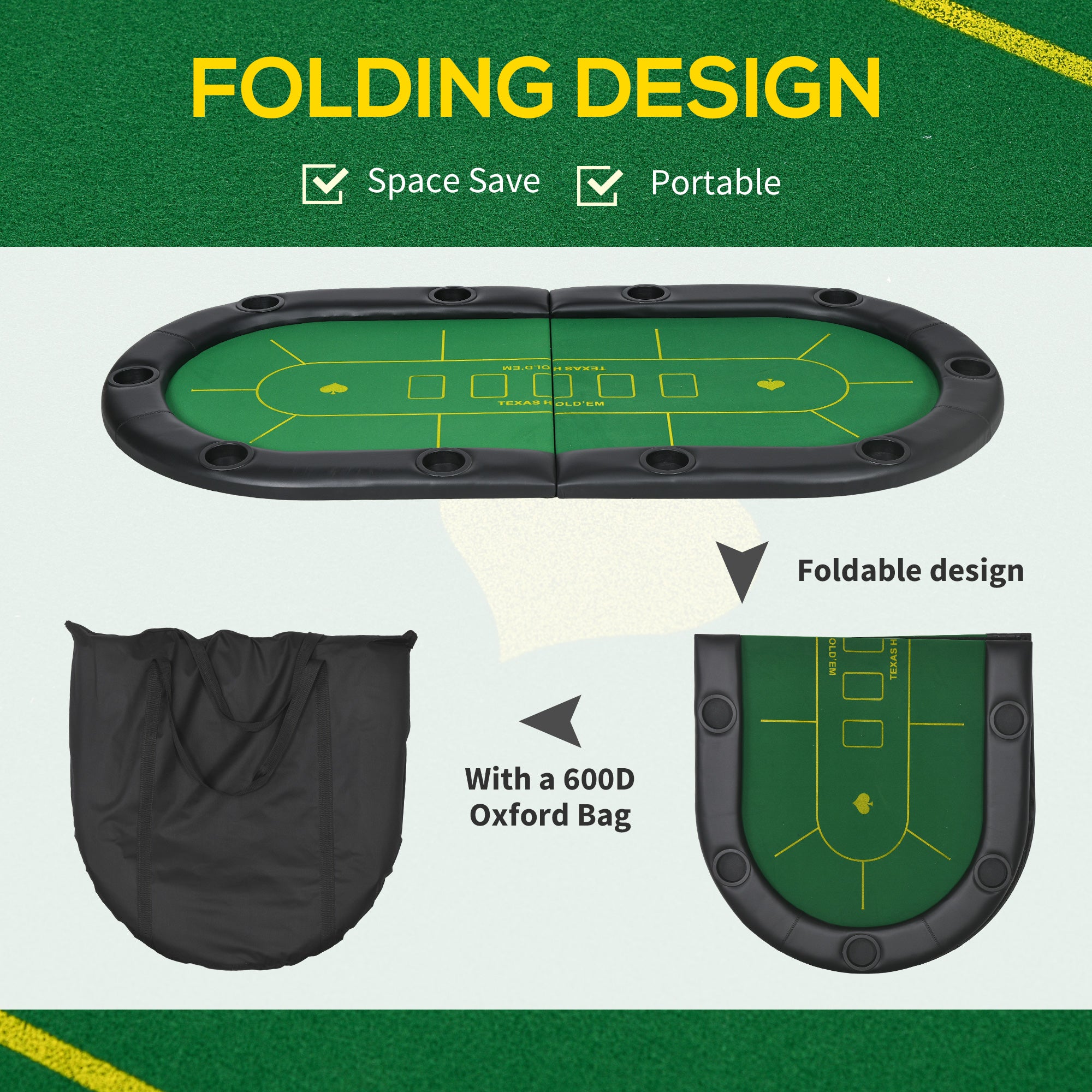 Foldable Poker Mat, 10-Player Table Top with Cup Holder, Carry Bag - Green