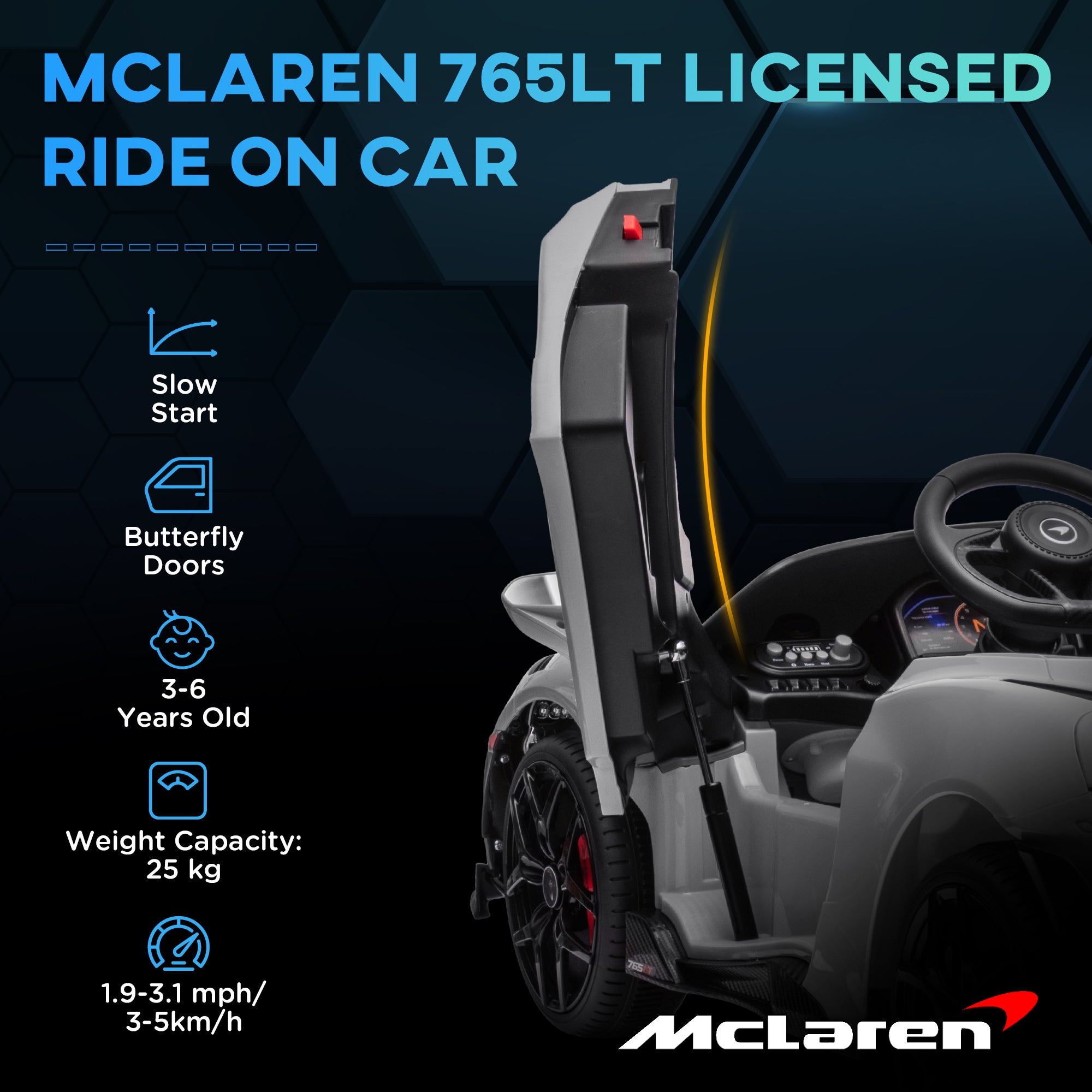 McLaren 765LT Licensed 12V Kids Electric Ride on Car with Butterfly Doors Remote Control Transport Wheels Grey