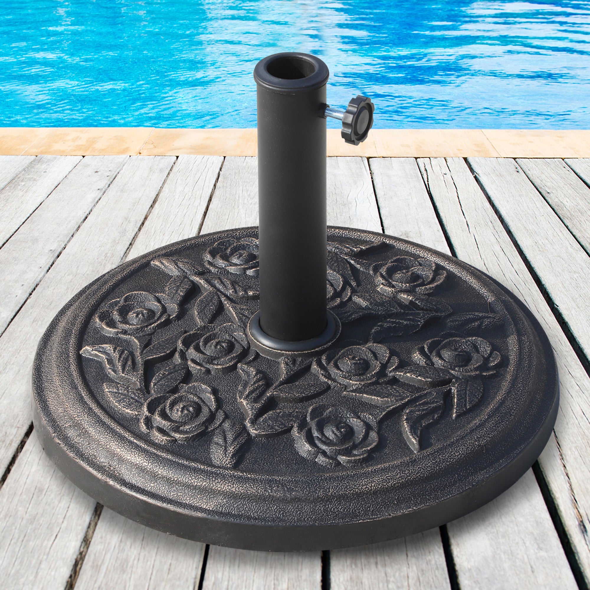 9kg Garden Parasol Base, Round Resin Sun Umbrella Base, Outdoor Umbrella Stand for 38mm or 48mm Outdoor Umbrella Poles, Bronze Tone