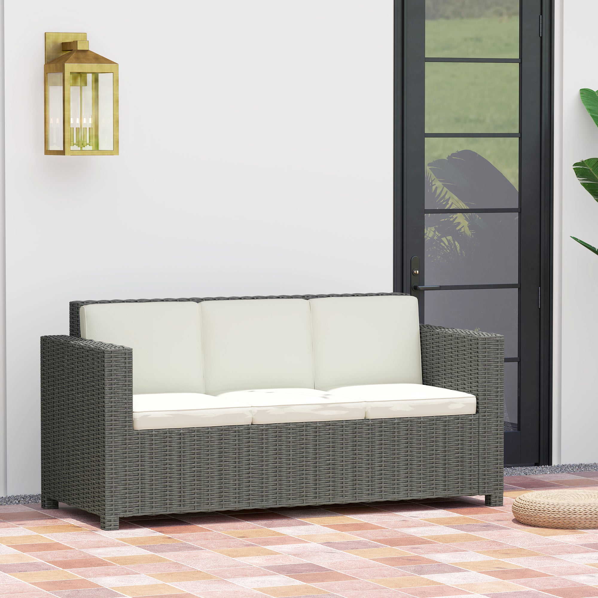 3 Seater Rattan Sofa with Fire Resistant Cushions Cream