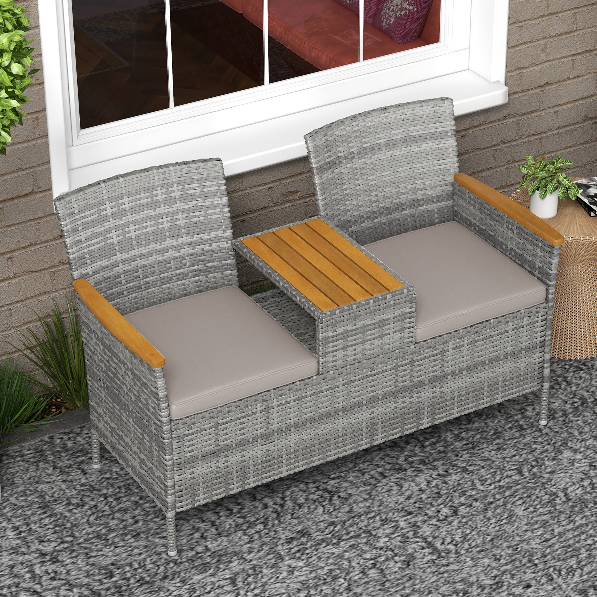 Two-Seat Rattan Loveseat, with Wood-Top Middle Table - Grey