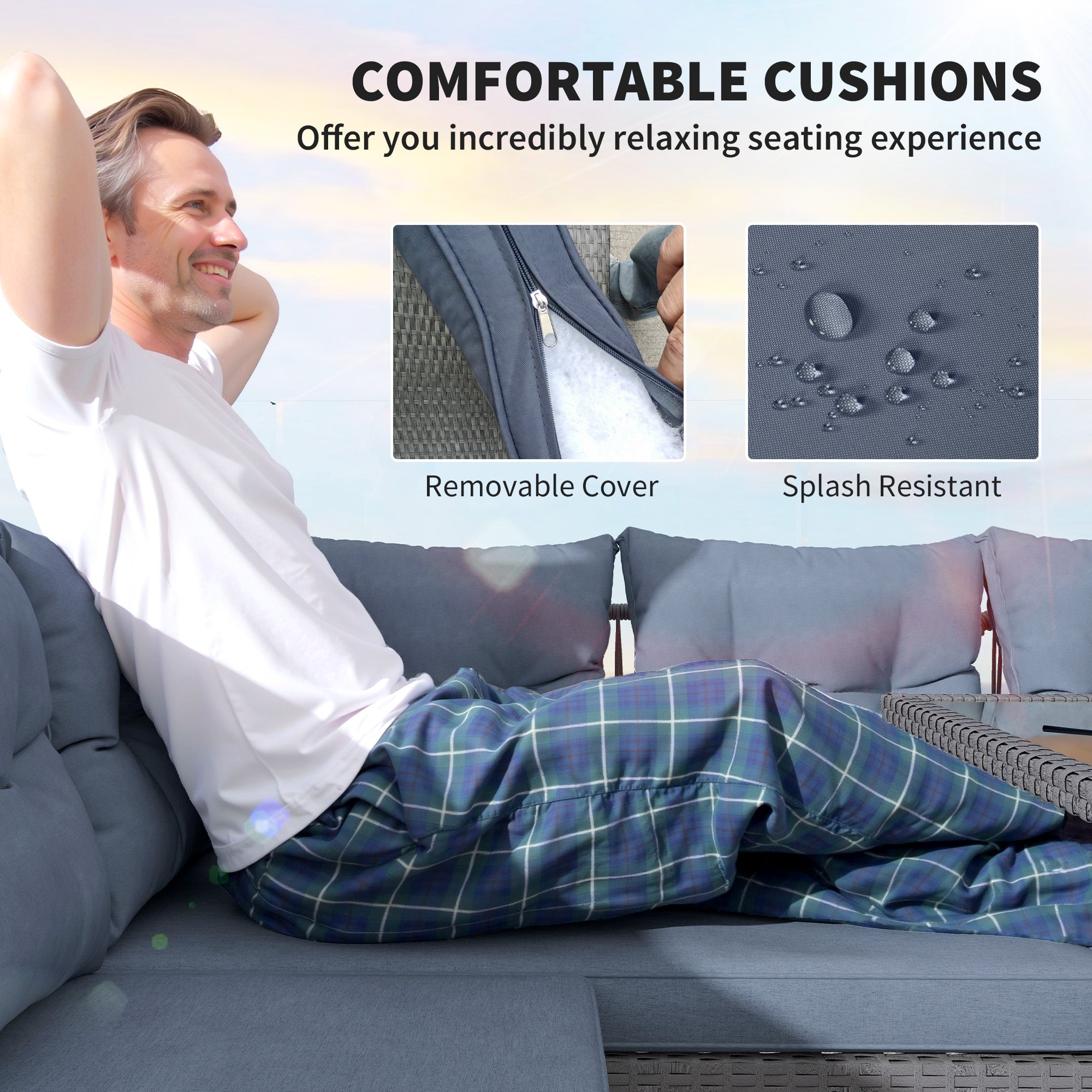 6 Piece Rattan Garden Furniture Set, 8 Seater Garden Corner Sofa with Cushions and Glass Top Table, Sectional Outdoor Furniture Conservatory Set for Patio, Charcoal Grey