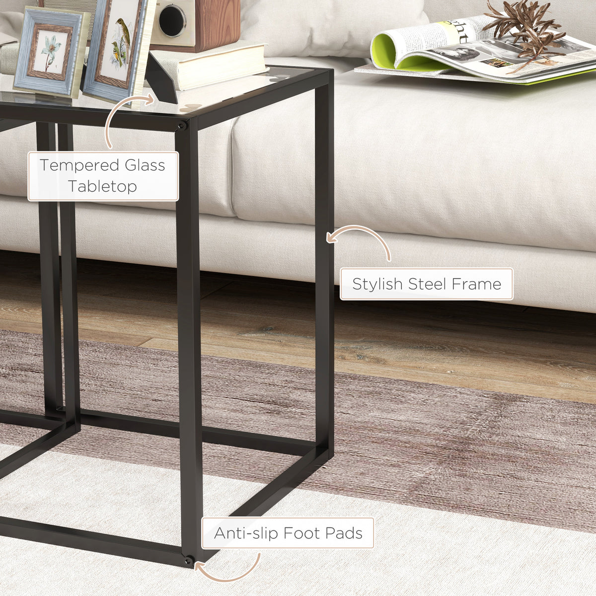 Nesting Tables Set of 2 with Tempered Glass Top and Steel Frame - Black