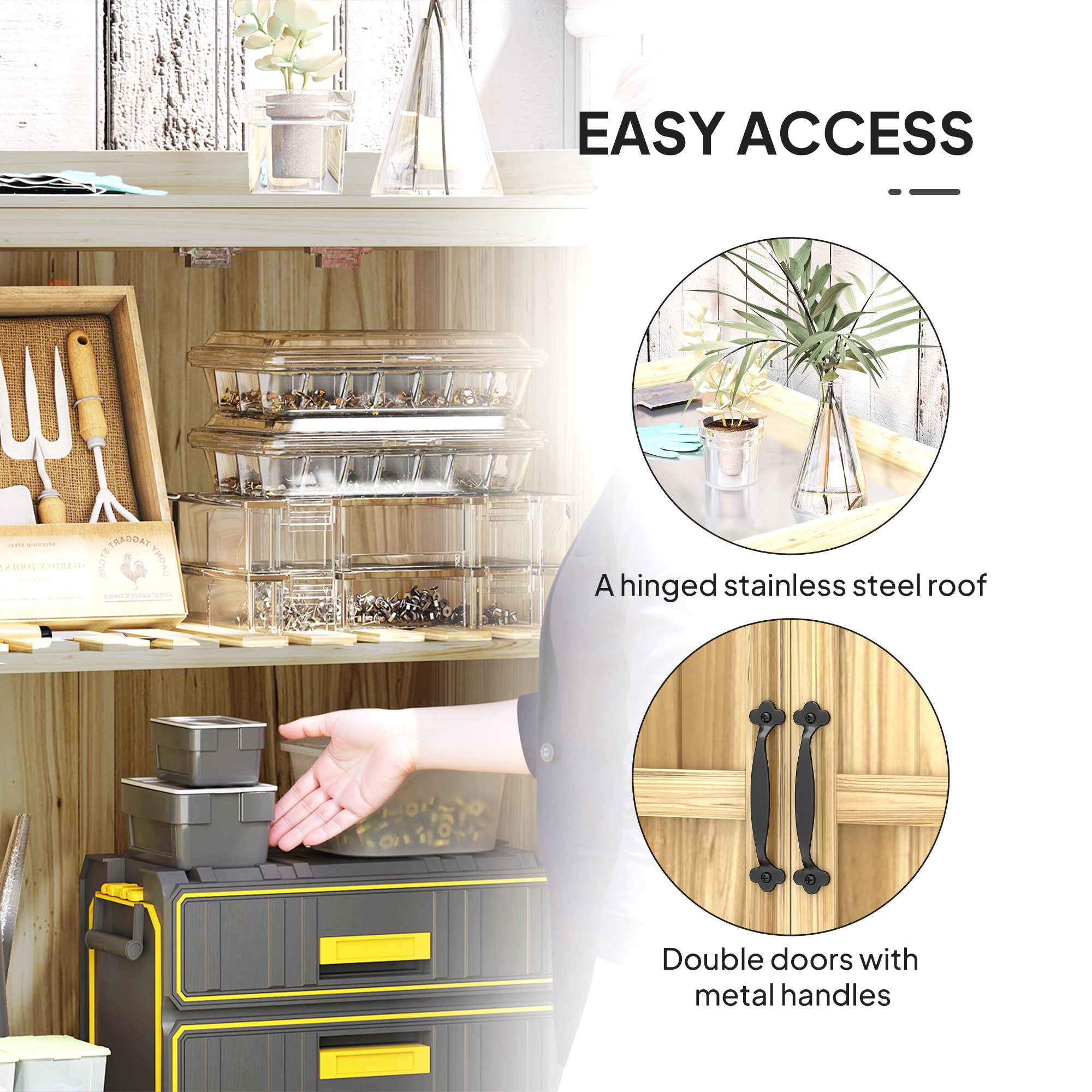 Fir Wood Shed with Metal Worktop and Hinged Roof - Natural Finish