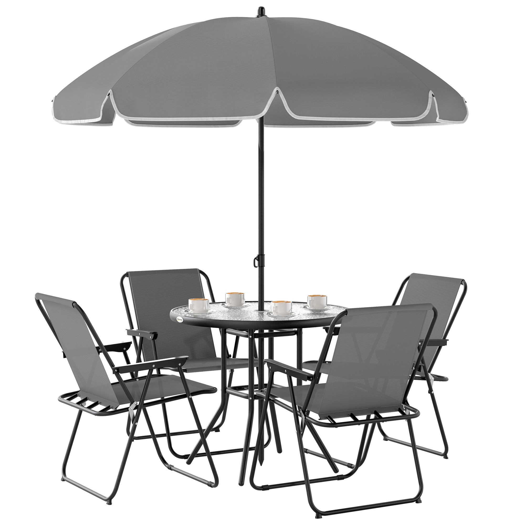4 Seater Garden Furniture Set with 6 Pieces Table, Folding Chairs & Parasol - Grey