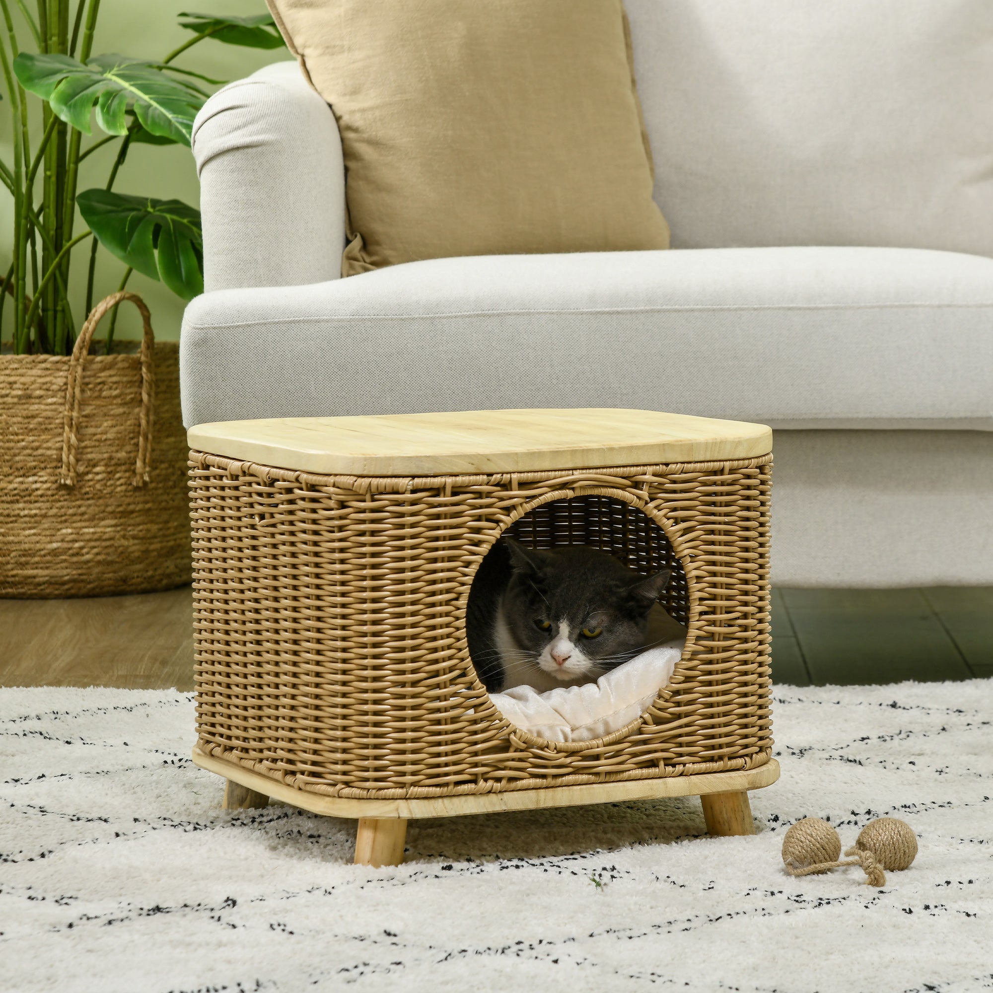 Elevated Design Wicker Cat House with Washable Cushion, Light Brown