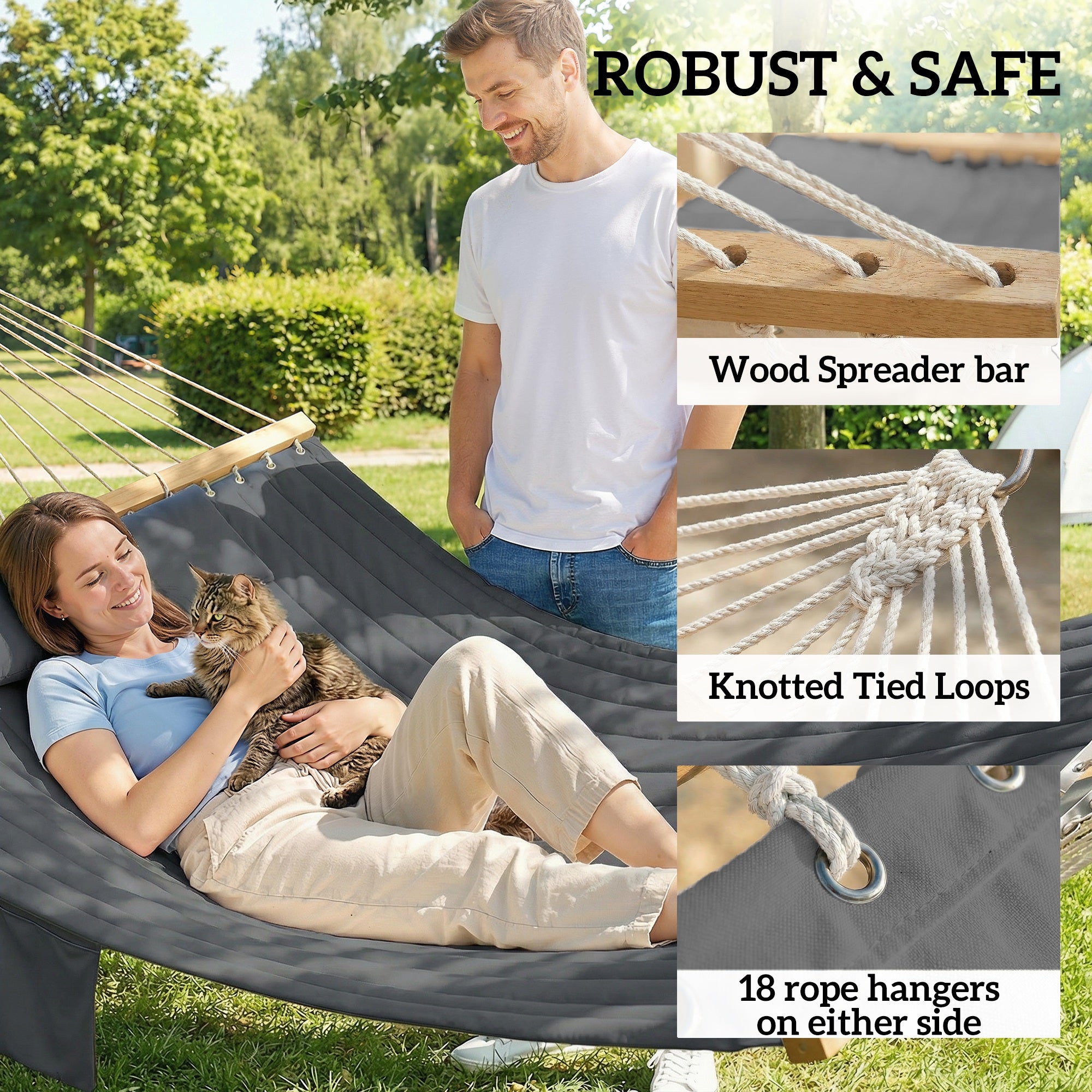 Double Hammock 2 Person Swing Bed with Spreader Bars, Pillows, Pad, 200 x 140cm, Grey