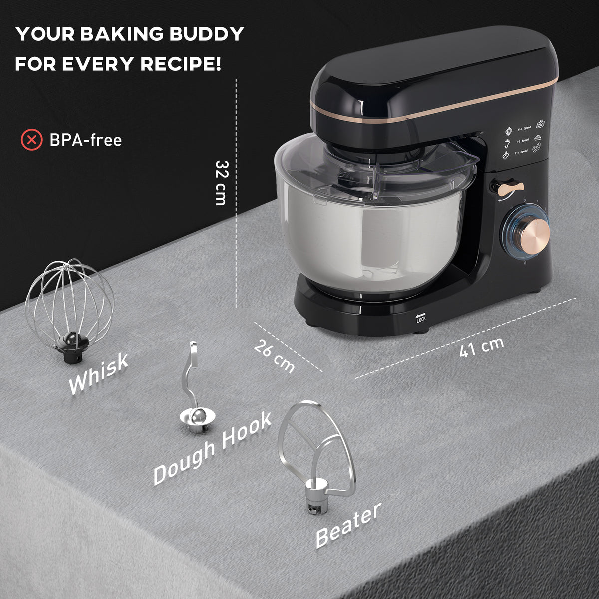 5L Stand Mixer with 1400W Motor, 6 Speeds & Pulse, Dough Hook, Whisk, Beater, Stainless Steel Bowl, Splash Guard - Black