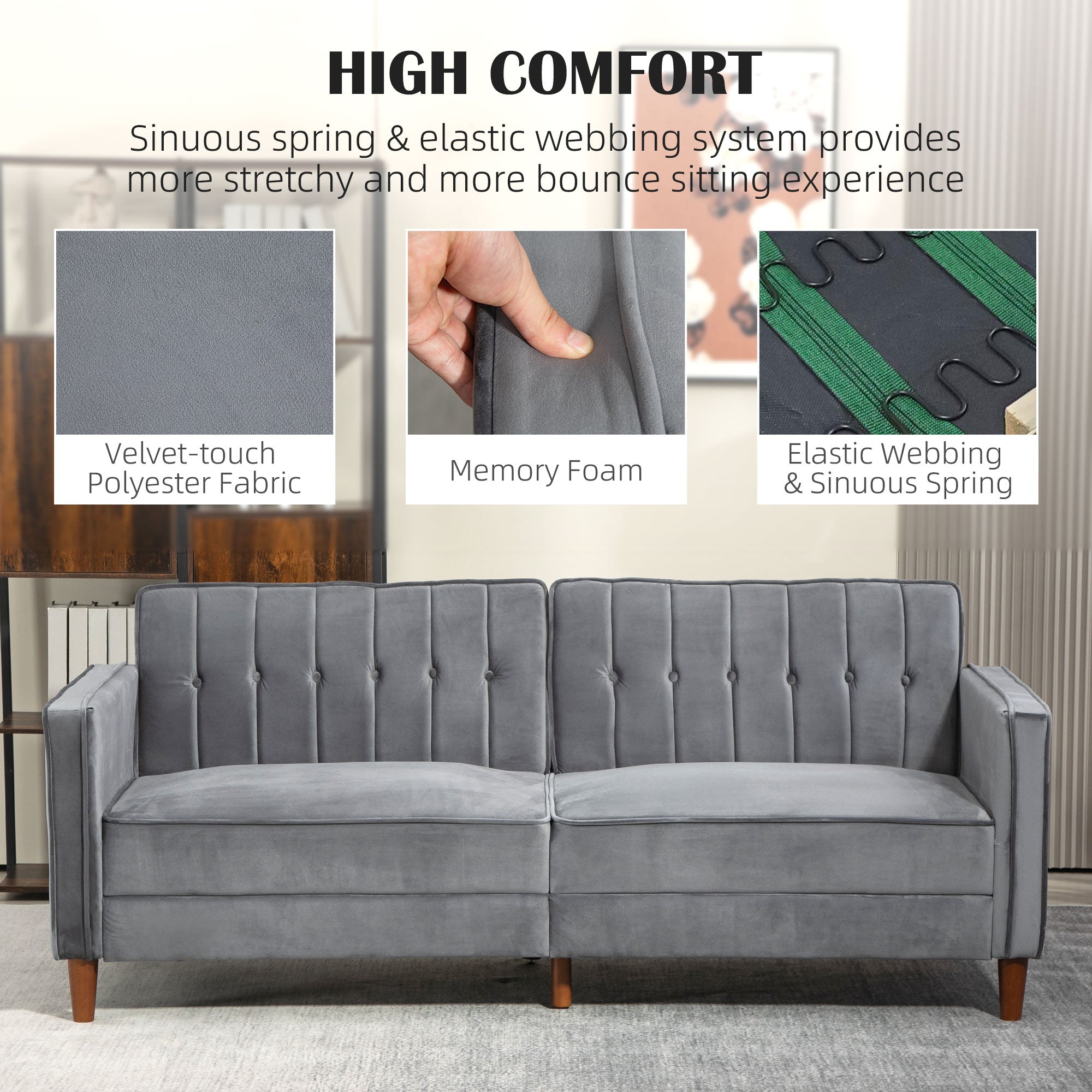 Velvet-Feel Three-Seater Sofa Bed with Adjustable Backs - Dark Grey