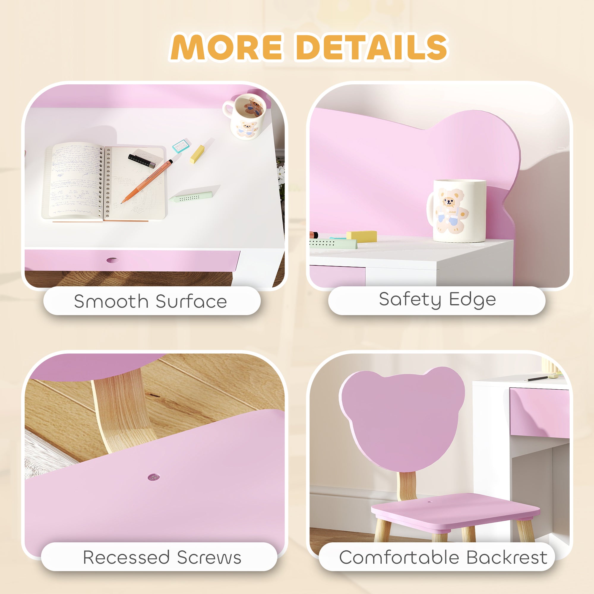 Kids Desk and Chair Set with Drawer for Drawing, Reading, Bear Theme Children Furniture for Bedroom, Daycare, Pink