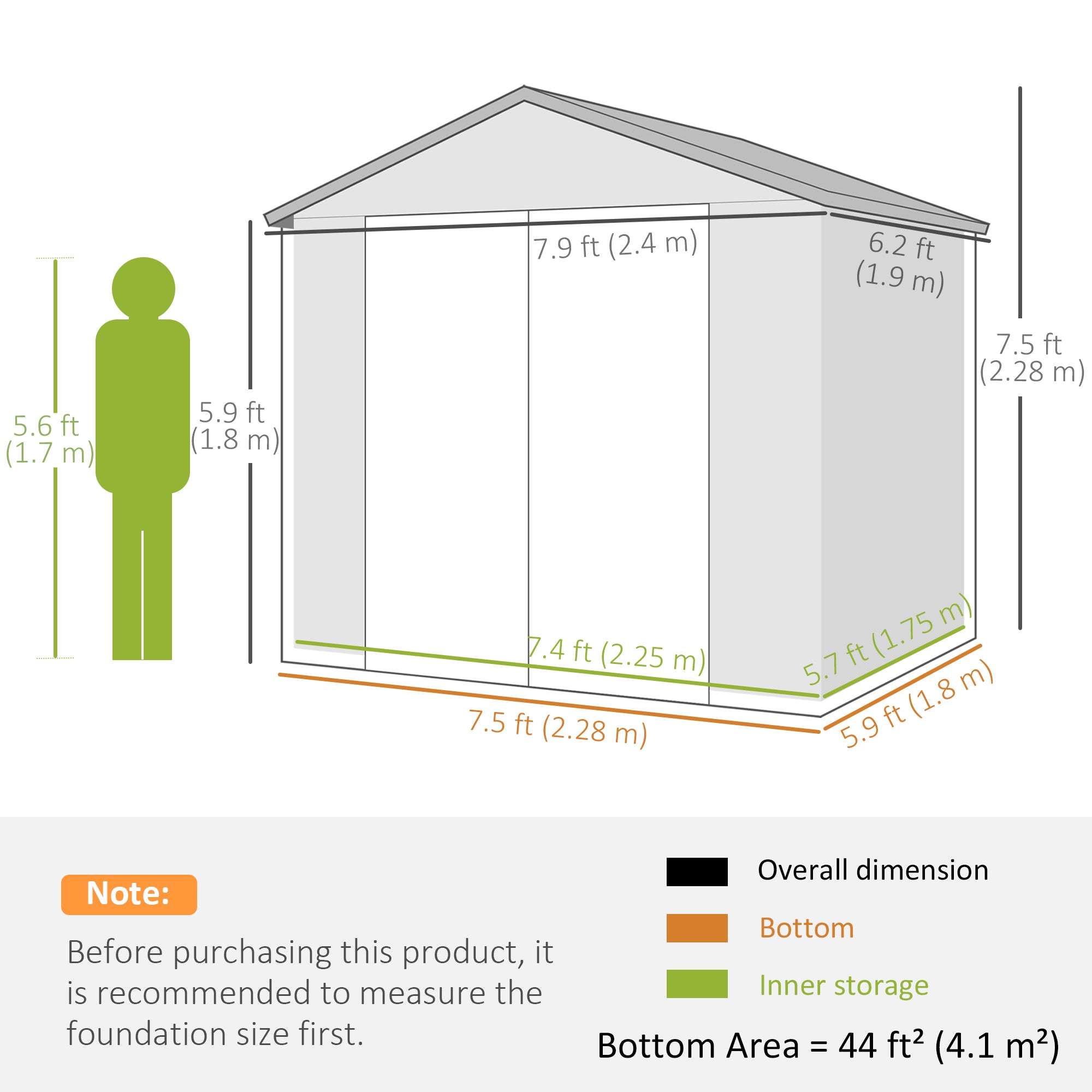 7.9ft x 6.2ft Aluminium Frame and Plastic Wall Shed, with Foundation - Grey