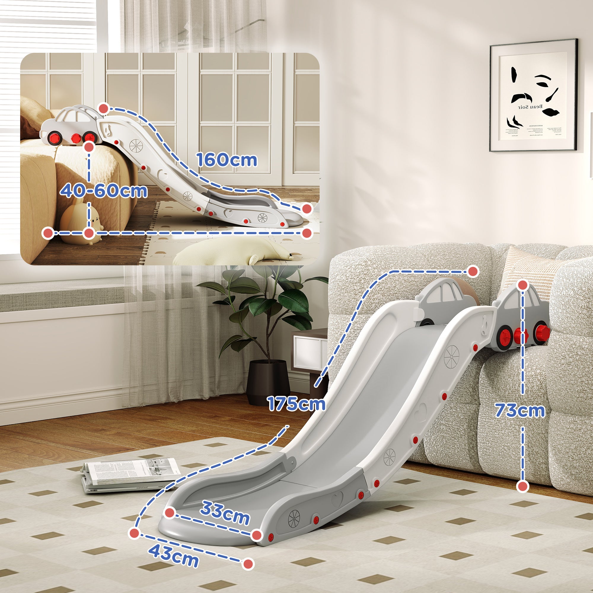 Kids Slide for Bed, Sofa, with Extended Length, Easy to assemble and Store, Grey