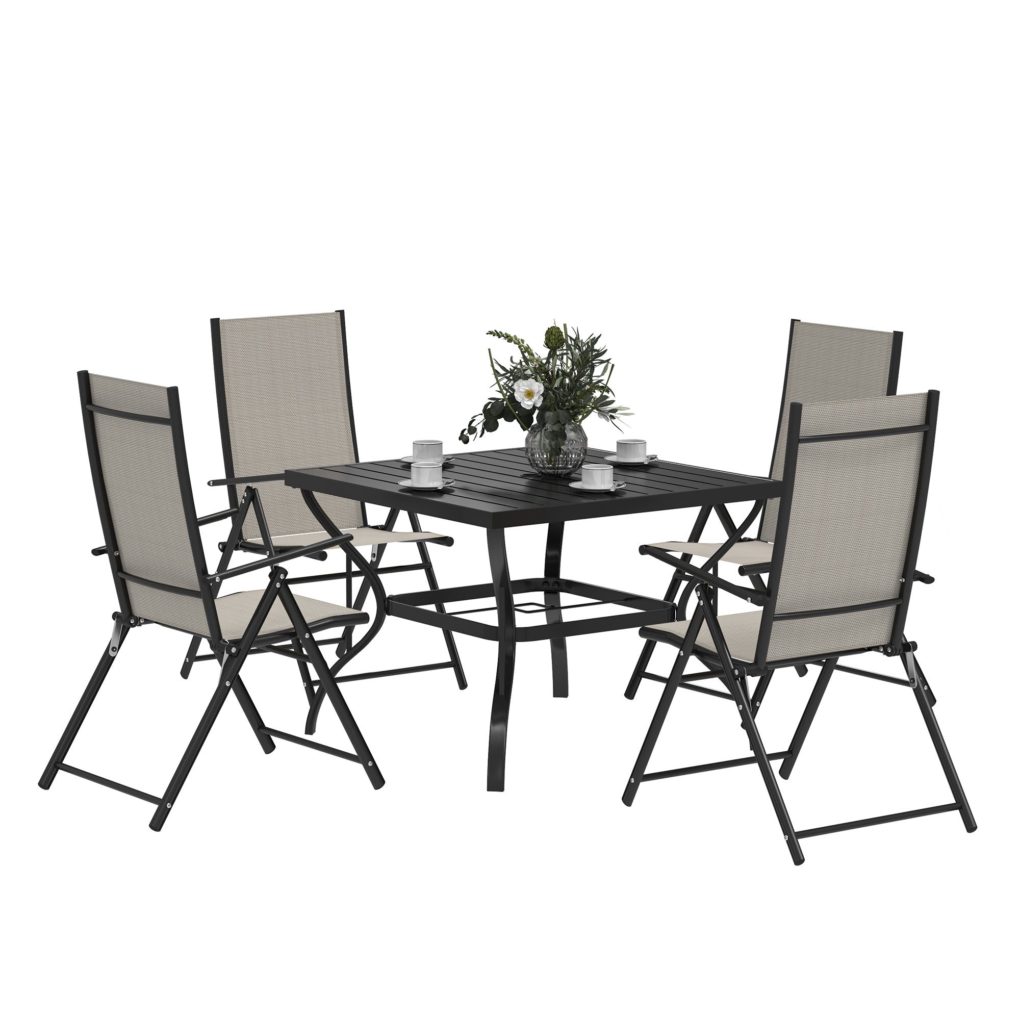 5 Piece Steel Frame Patio Dining Set with Folding Chairs - Khaki Black