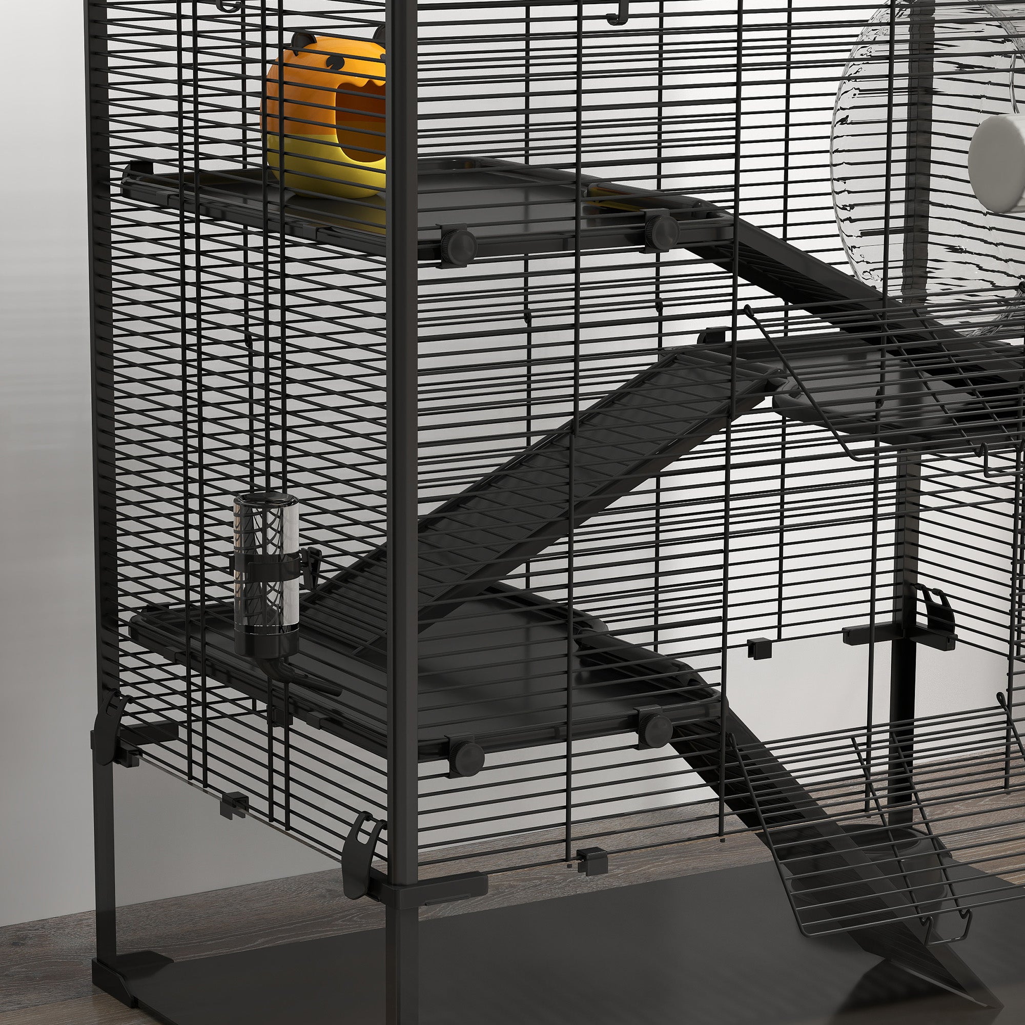 4 Tiers Hamster Cage with Deep Tempered Glass Bottom, Hut, Running Wheel, Food Dish, Water Bottle, 78.5 x 48.5 x 80cm