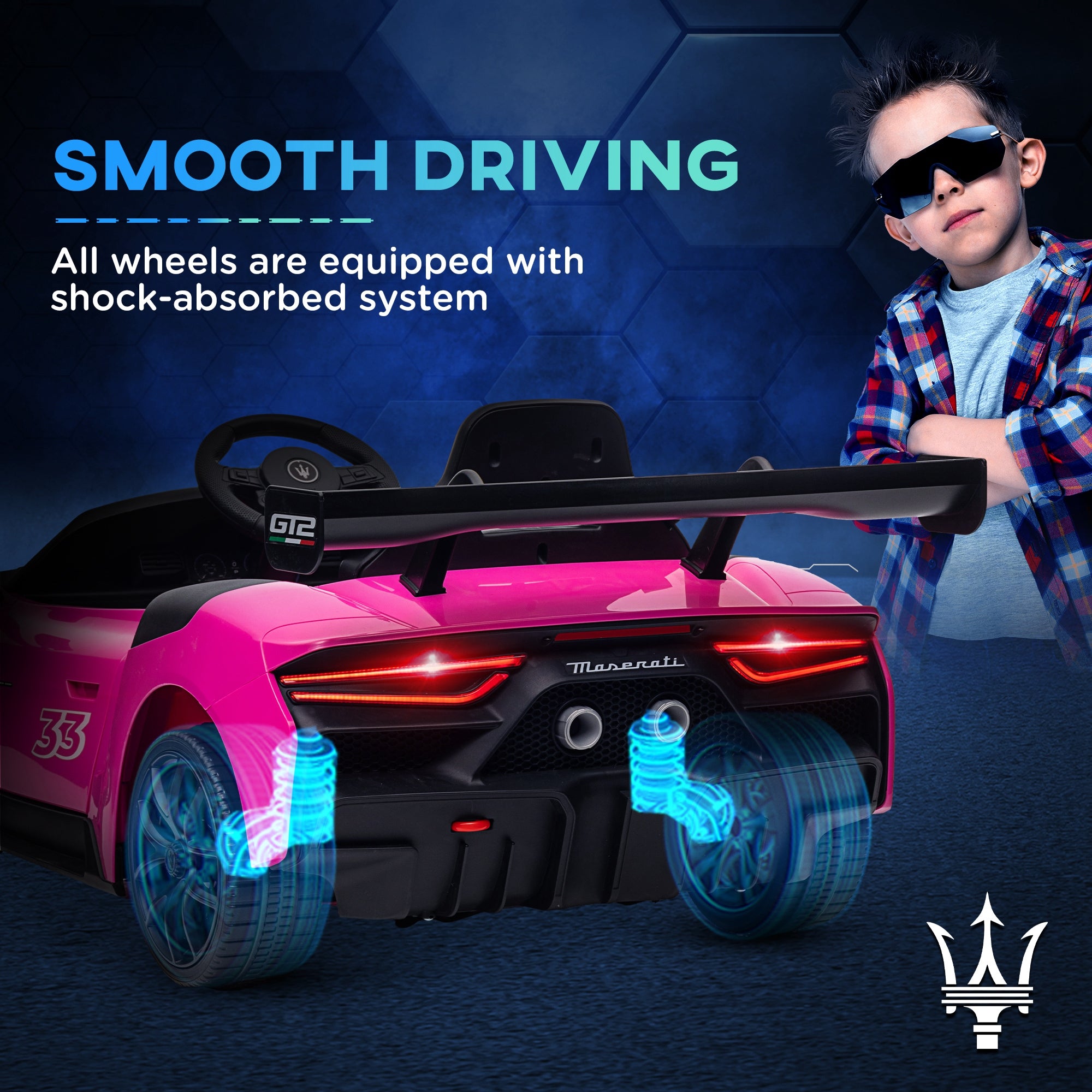 Maserati GT2 Licensed 12V Kids Electric Ride on Car with 4 Suspension, Remote Control Music Horn Lights - Pink