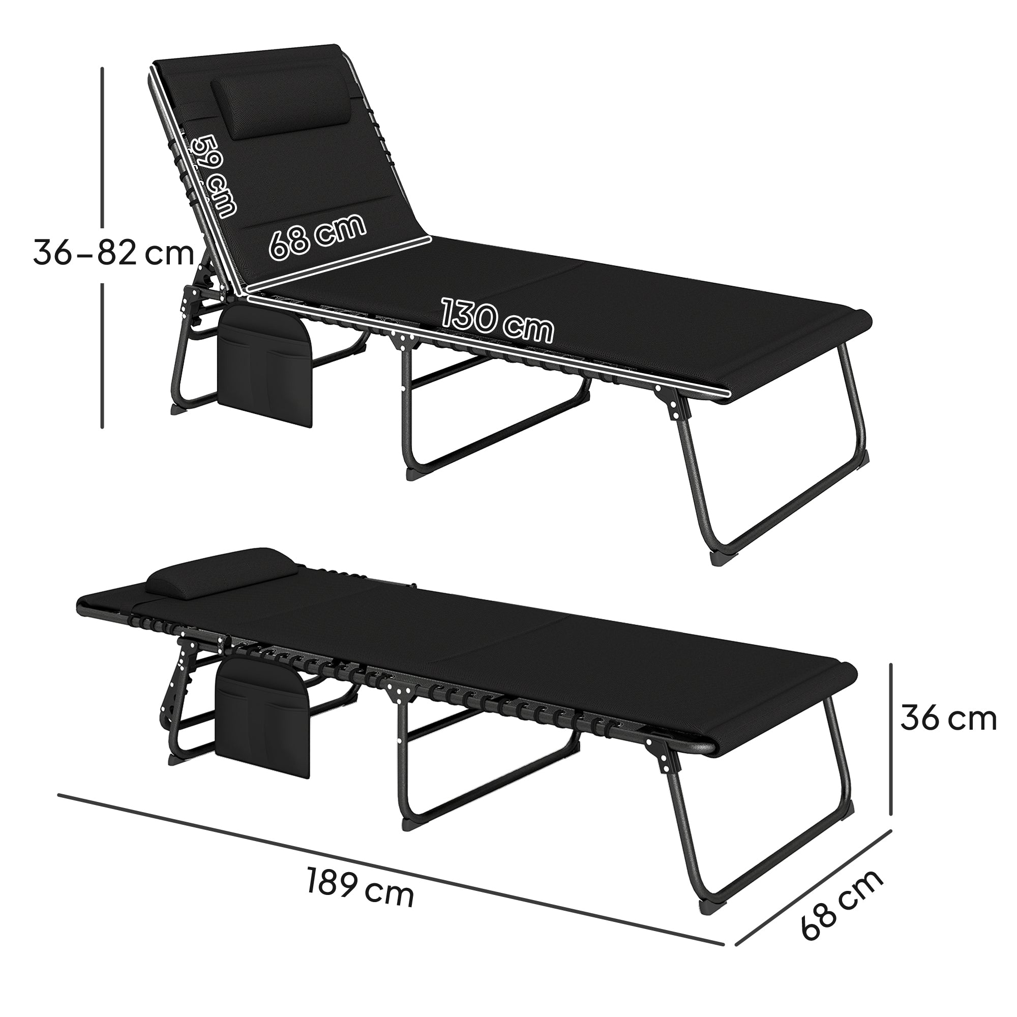 Set of 2 Folding Recliner Sun Loungers with Quick Drying Pad & Side Pocket - Black