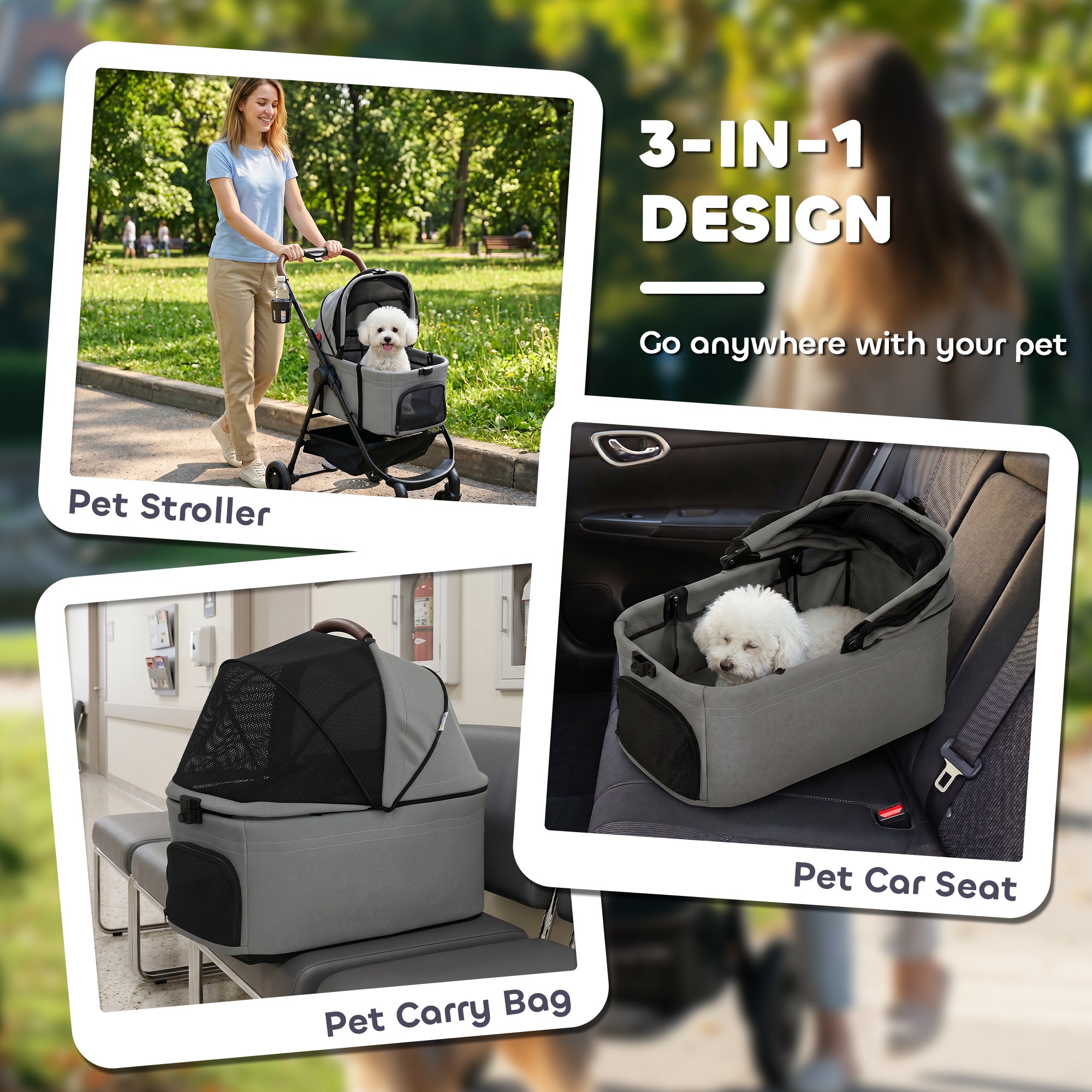 Dog Stroller, 3 in 1 Foldable Pet Stroller for Small Puppy Cat with Detachable Travel Carrier, Storage Basket, Grey