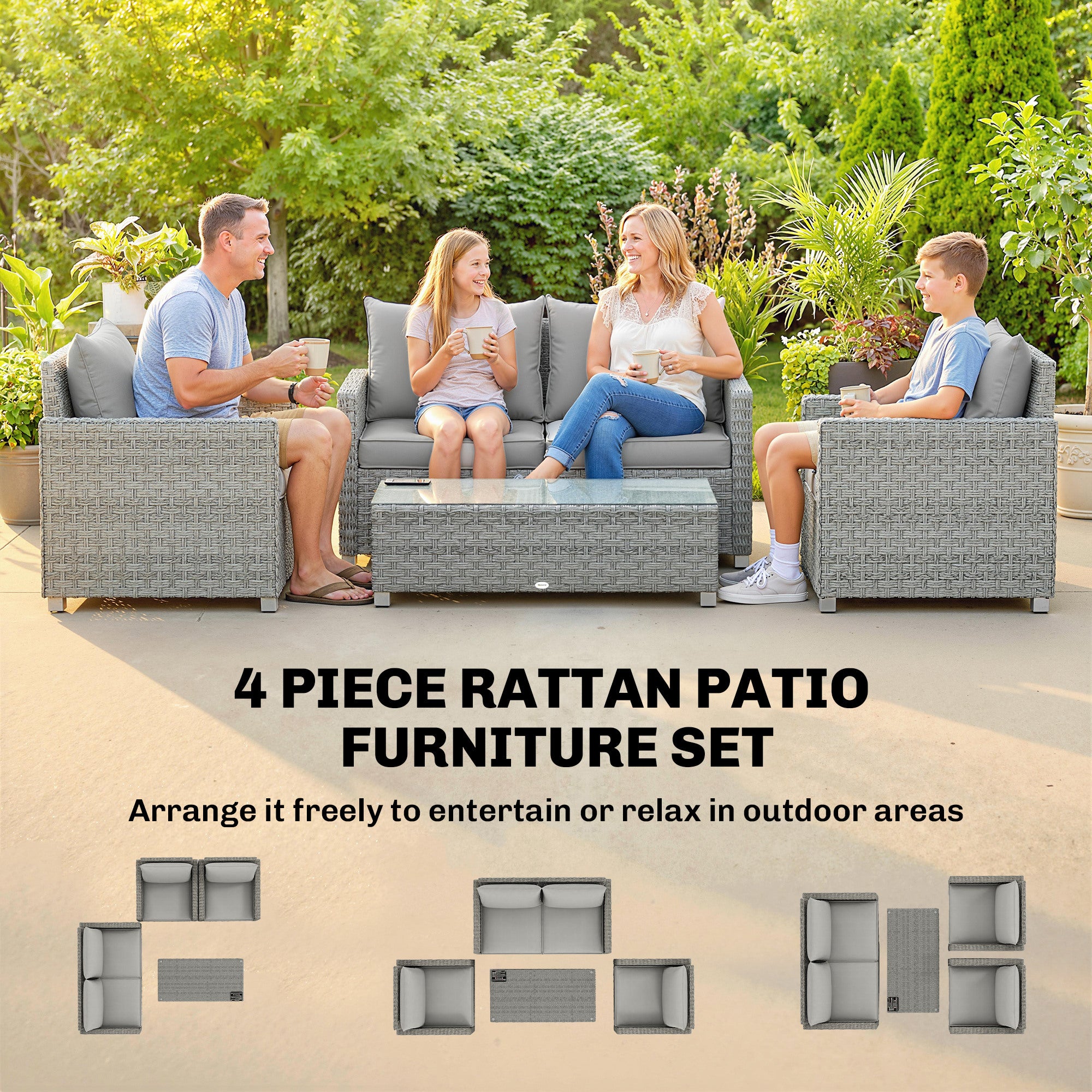 4 Piece Rattan Garden Furniture Set with Loveseat, 2 Armchairs, Glass-Top Table, Wicker Patio Conversation Set, Grey