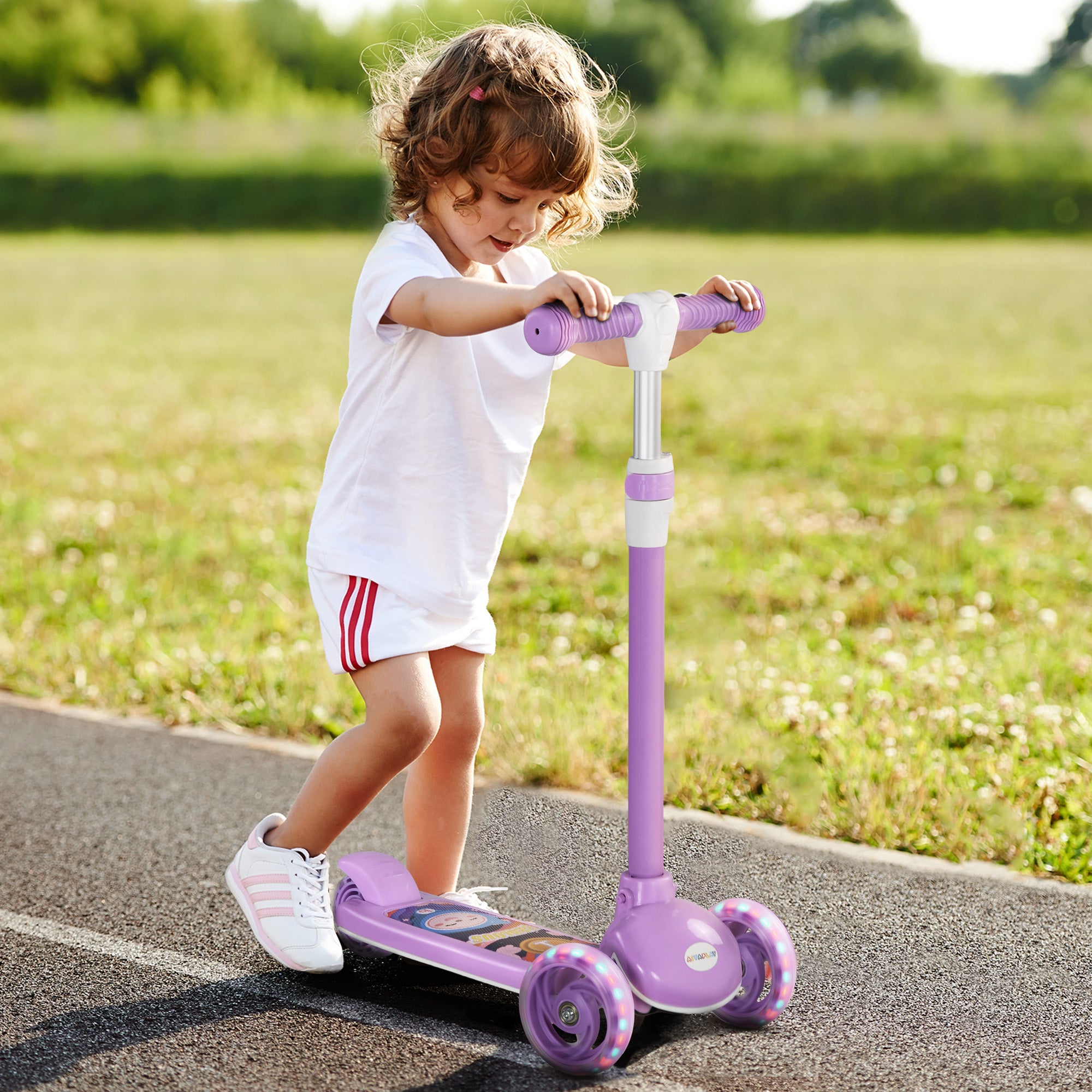 Kids 3 Wheel Scooter for 2-6 Years Old w/ Adjustable Height, LED Light, TPE Handlebar, Purple