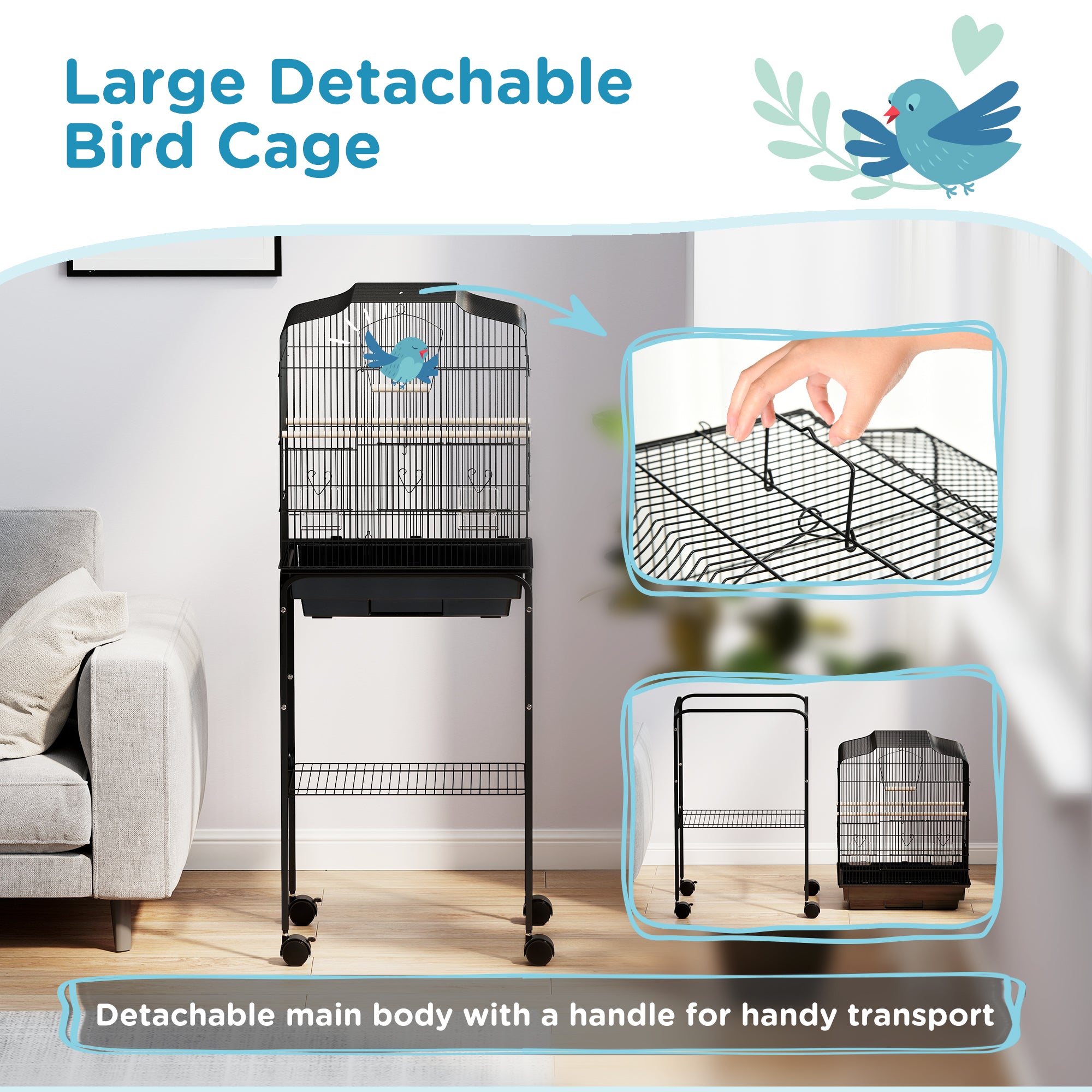 Budgie Finch Canary Parakeet Bird Cage with Stand, Wheels, Slide-Out Tray & Storage Shelf - Black