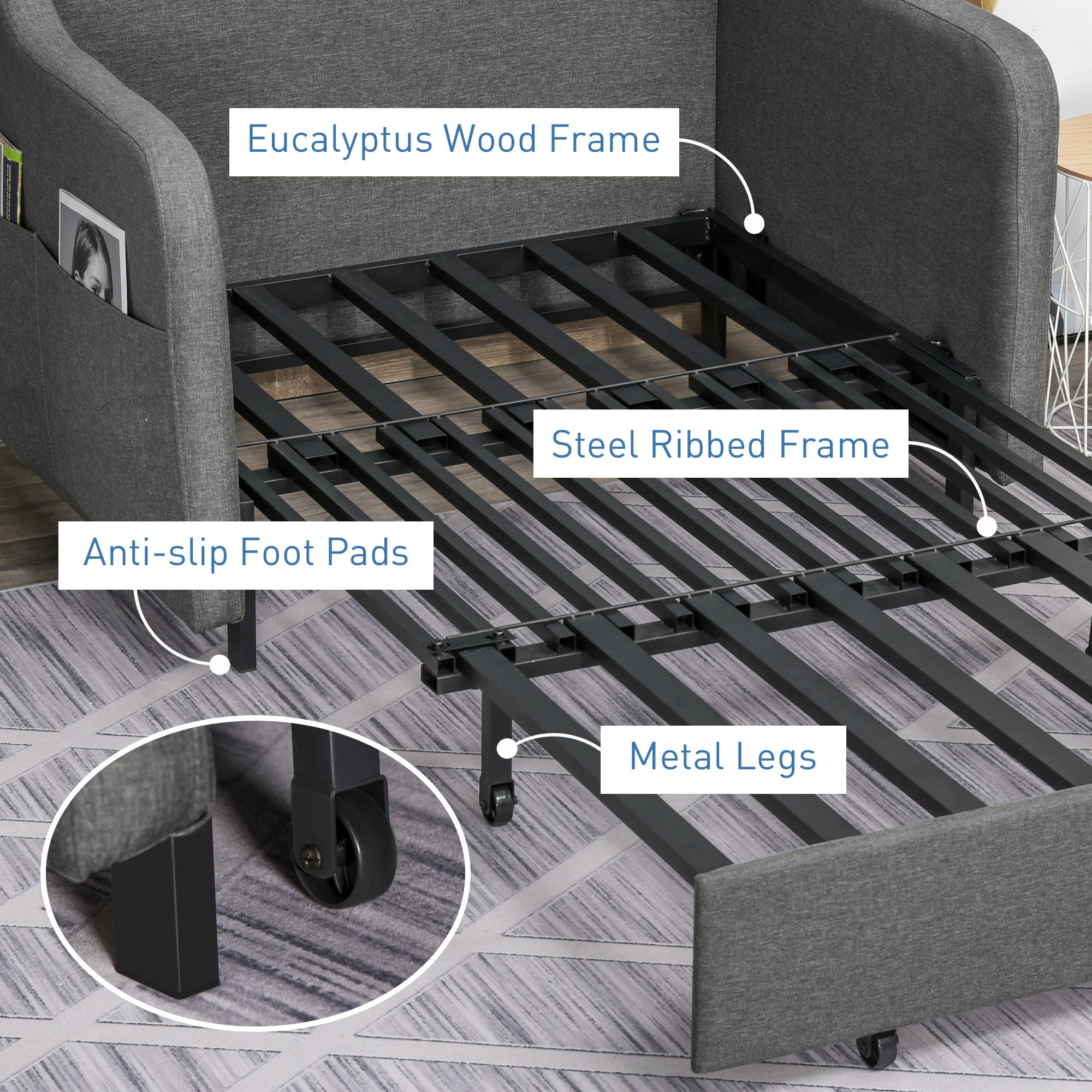 Two-Seater Pull-Out Sofa Bed with Pillows and Storage Pockets - Grey
