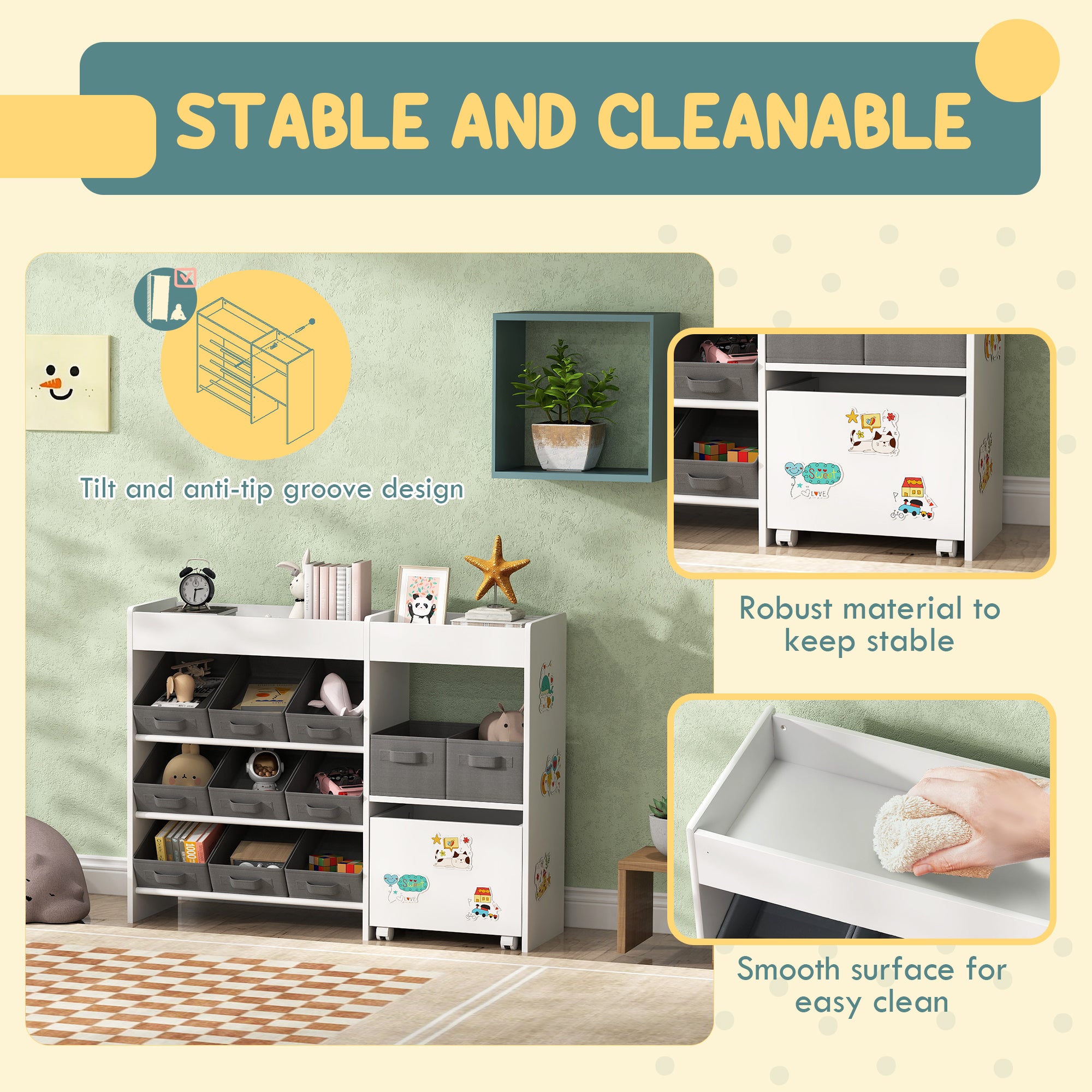 Kids Toy Storage Unit with 11 Fabric Bins and Shelves - White