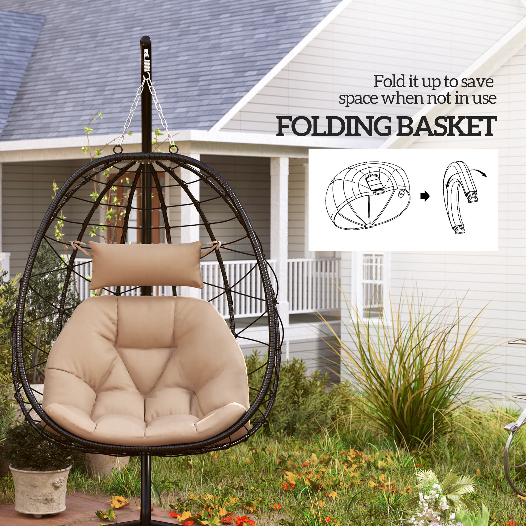 Ergonomic Hanging Egg Chair with Stand and Thick Cushion - Khaki