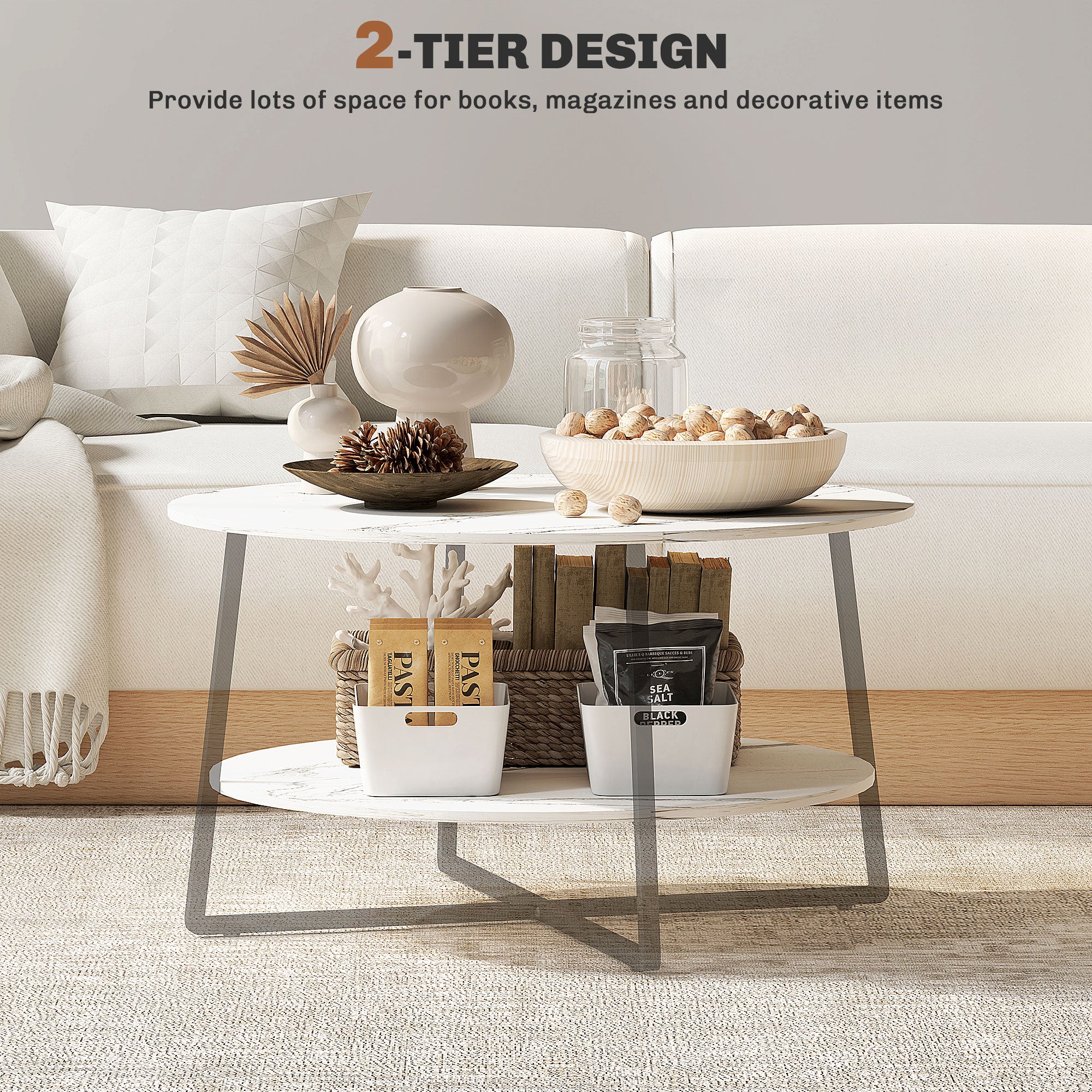Two-Tier Marble-Effect Coffee Table - White/Black