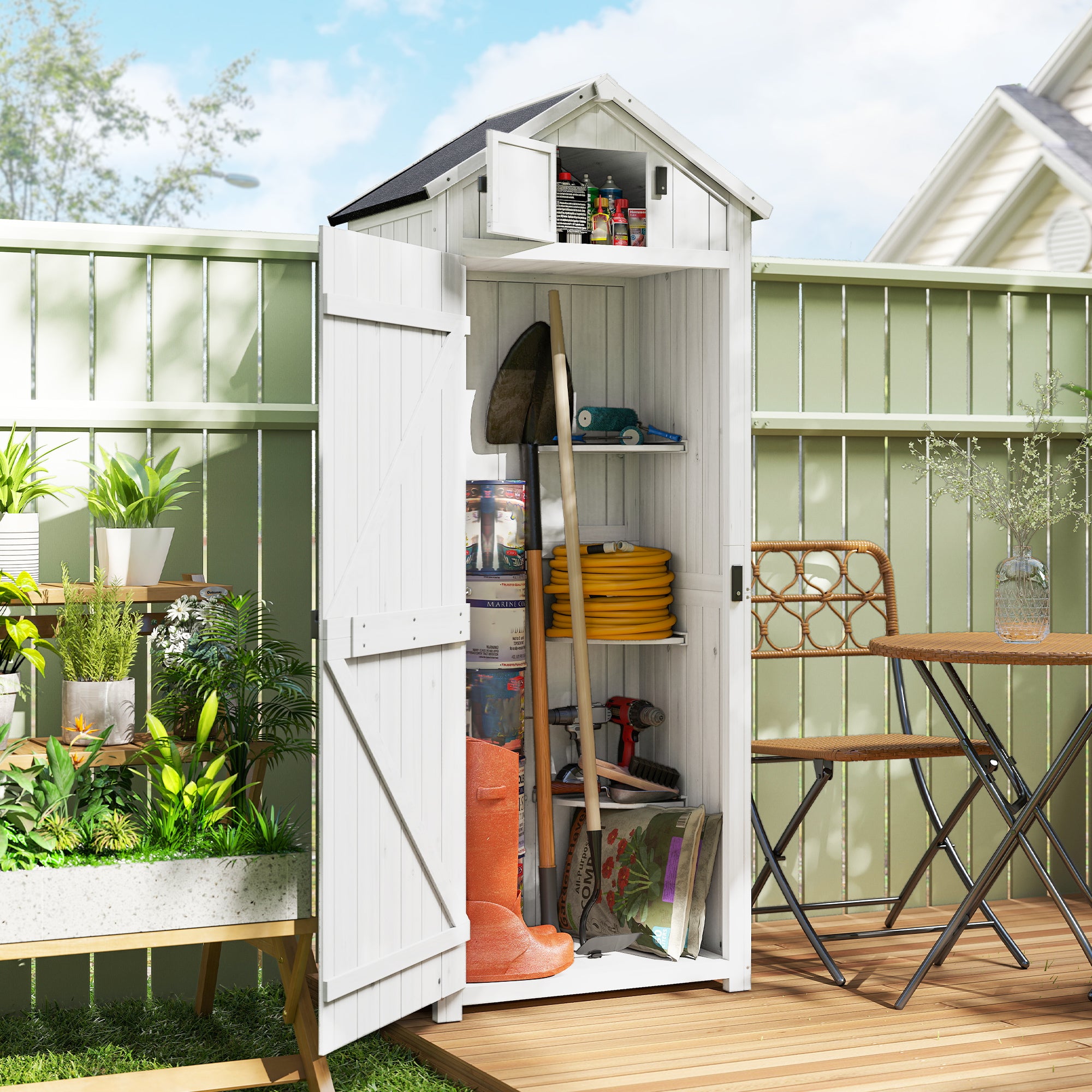 Small Shed, Tall Slim Wooden Garden Shed with 3 Removable Shelves and Roof Hatch, Compact Outdoor Tool Storage Cabinet with Asphalt Roof and Door Latch, 77 x 54.2 x 179 cm, Light Grey