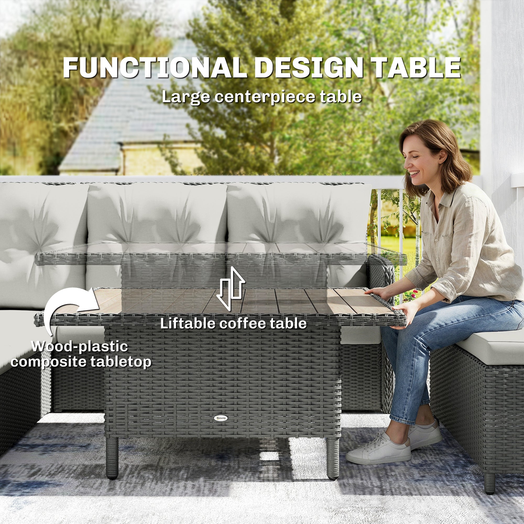 6 Pieces Outdoor PE Rattan Garden Furniture, Patio Wicker Sectional Conversation Corner Sofa