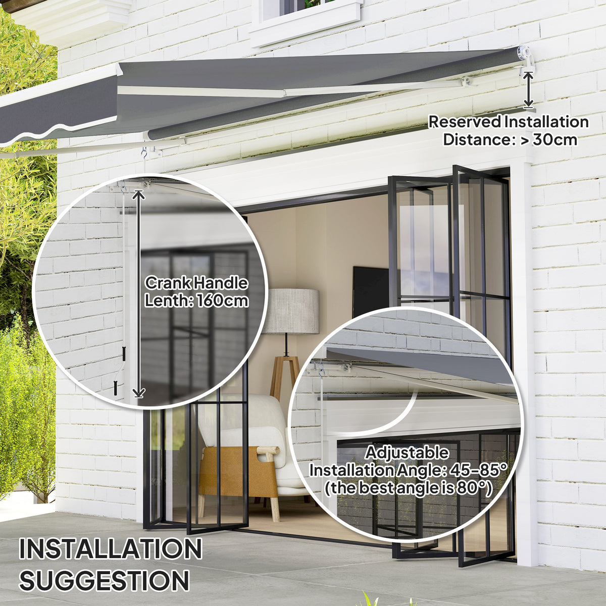 2.5 Metre Manual Retractable Awning Set with Aluminium Frame - Dark Grey