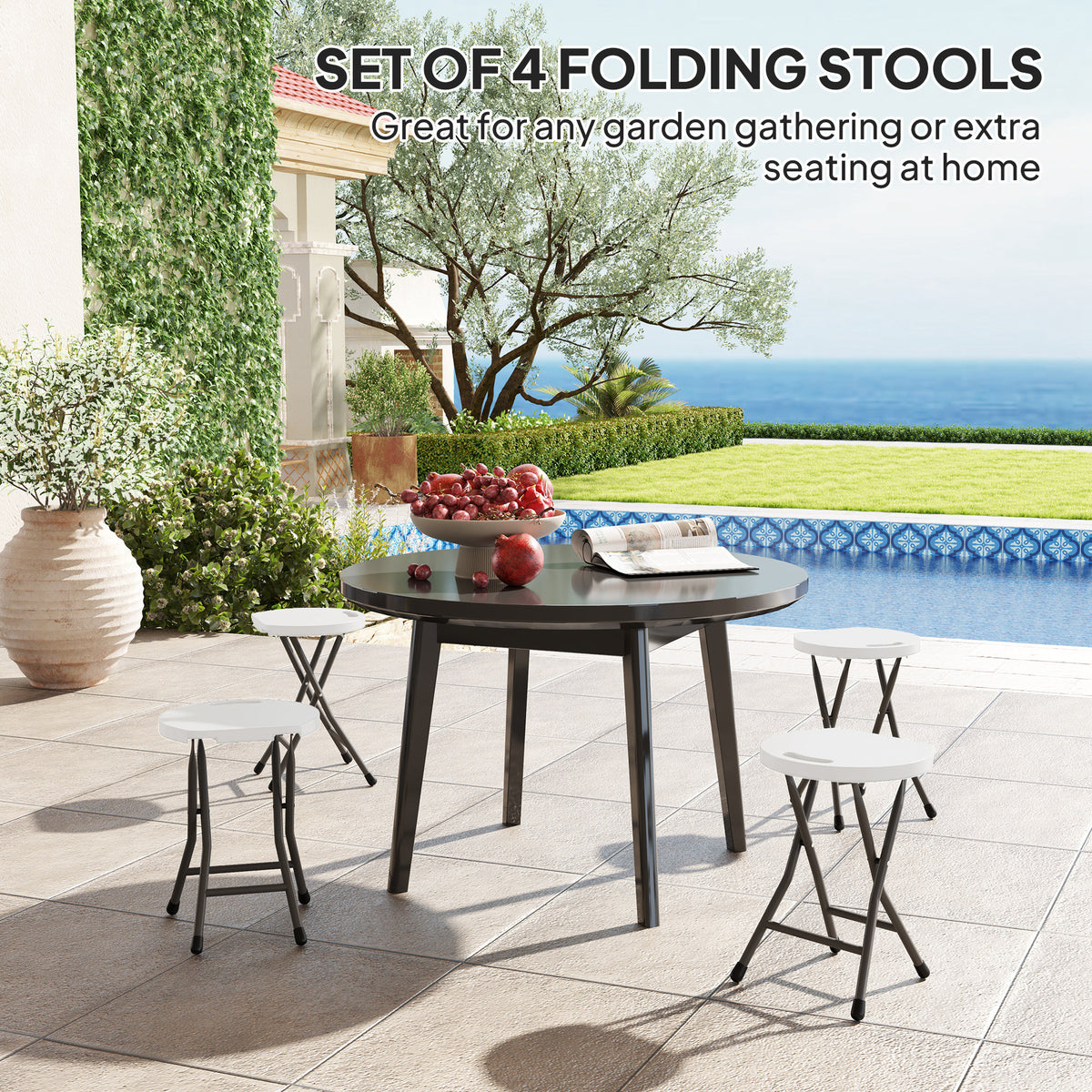 Set of 4 Folding Carry Stools with Powder-Coated Steel Legs - White
