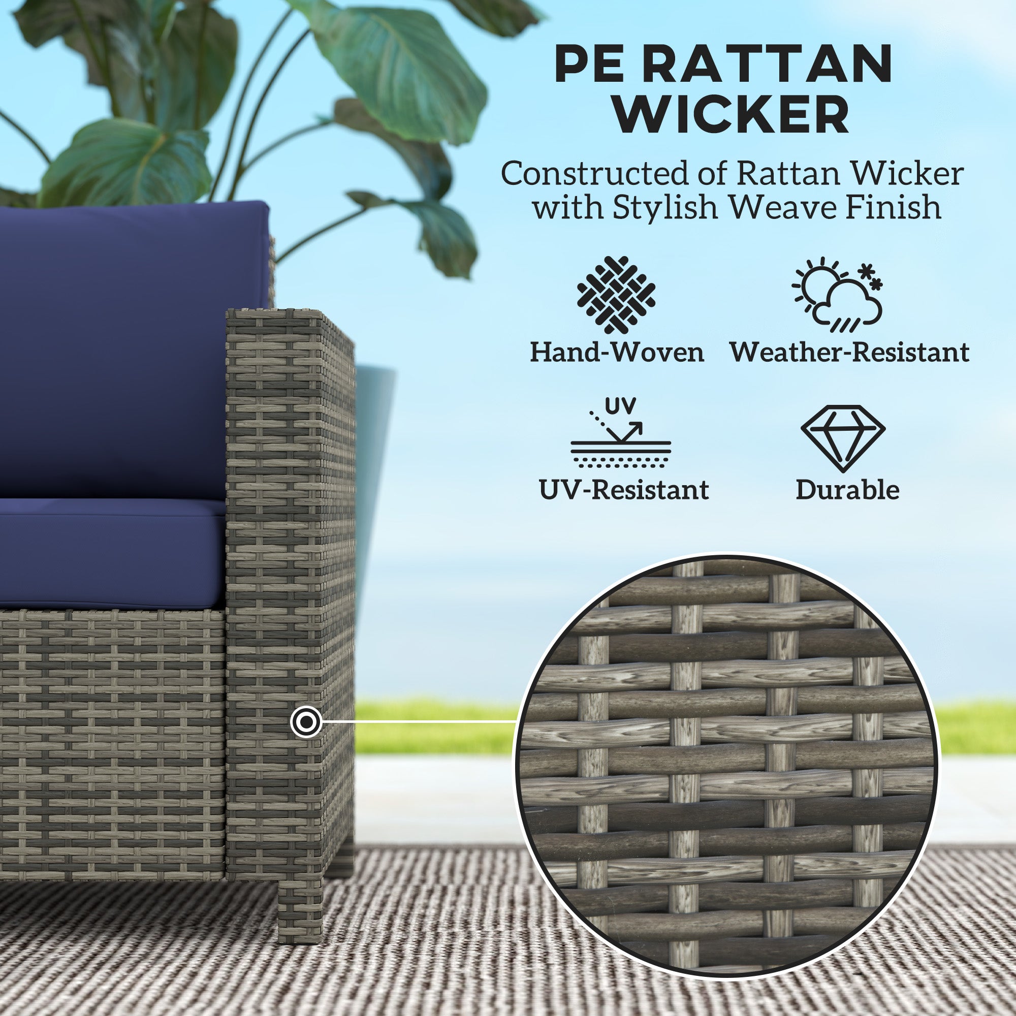 2 Seater Rattan Garden Sofa with Padded Cushions and Armrests Navy Blue