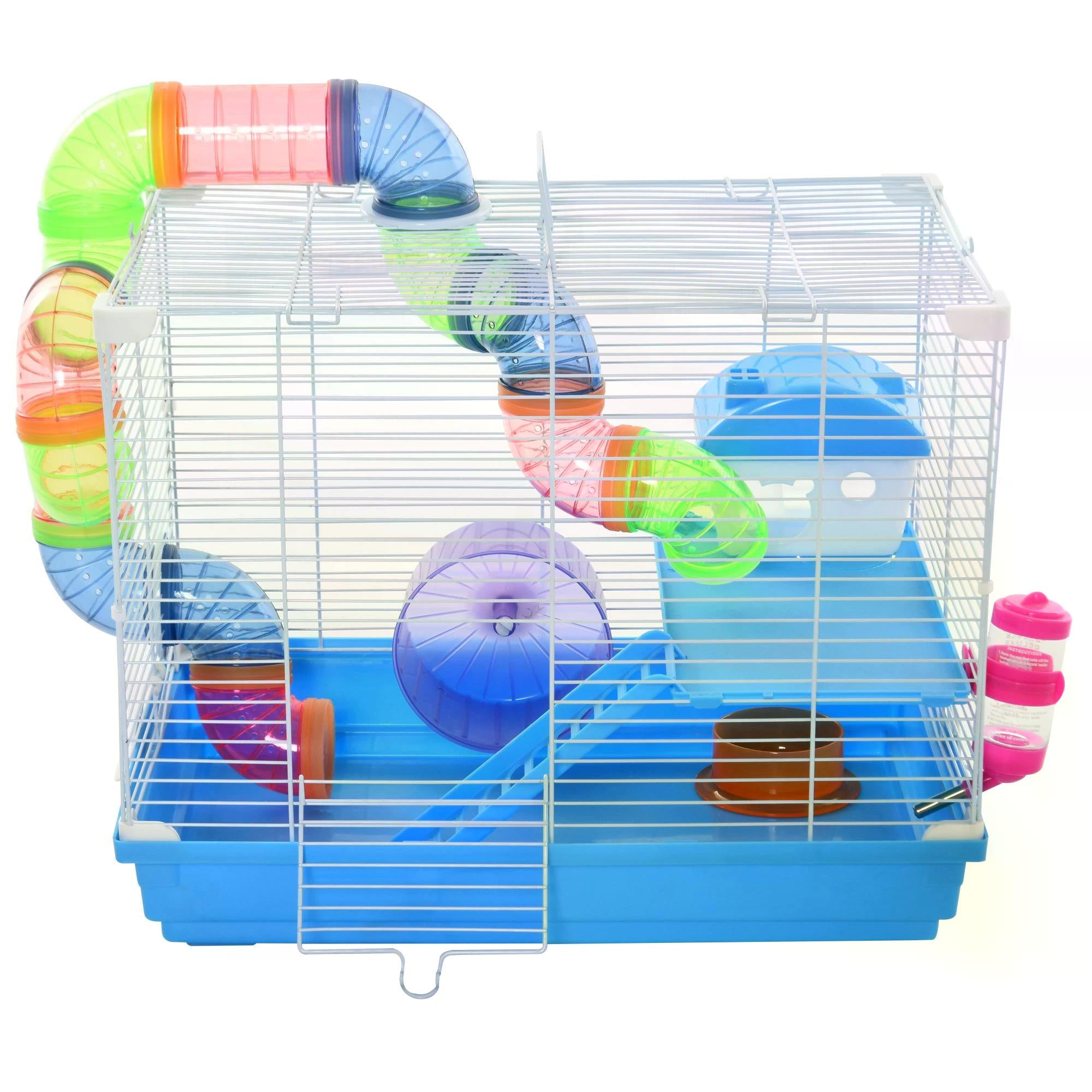 Pawhut 2 Tier Hamster Cage Carrier Habitat Small Animal House with Exercise Wheels Tunnel Tube Water Bottle Dishes House Ladder for Dwarf, Blue