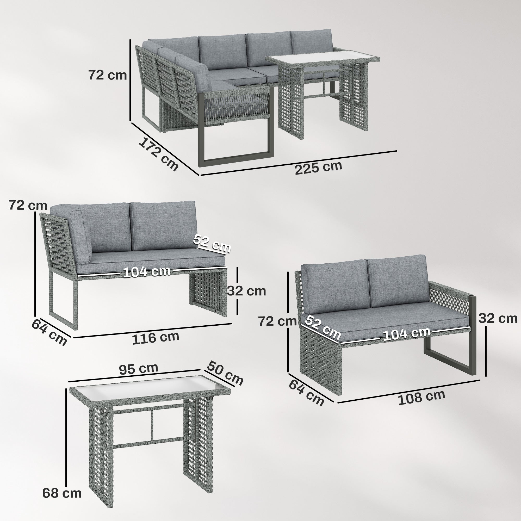 6 Seater Rattan Garden Furniture Set with 3 Loveseats, Table, Patio Rattan Corner Sofa Set, Grey