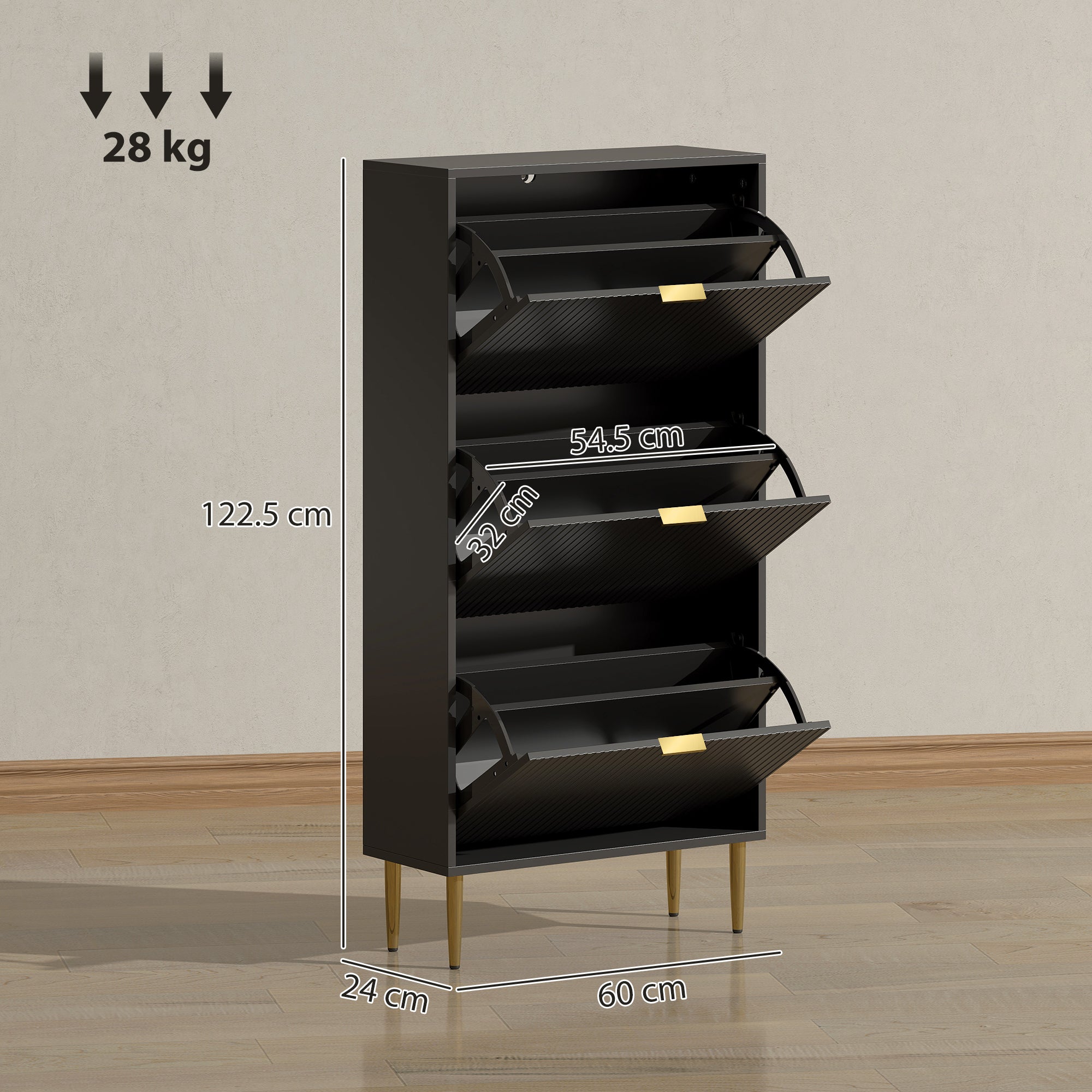 Elegant Three-Drawer Shoe Cabinet - Black
