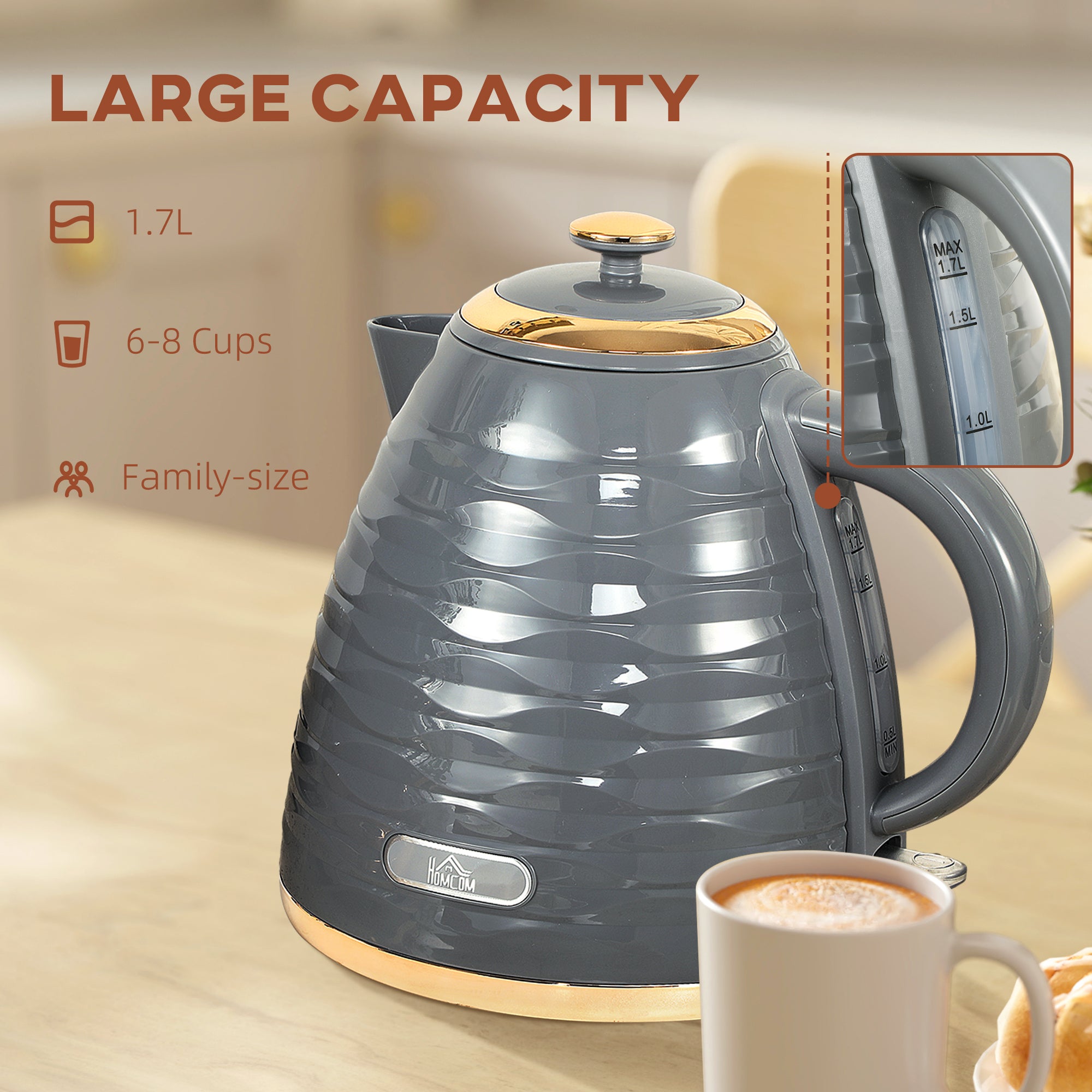 Electric Kettle, 1.7L, Fast Boil, 3kW Water Kettle with Removable Washable Anti-scale Filter, Auto Shut-off, 360° Swivel, BPA Free, Grey Water Ripple Texture