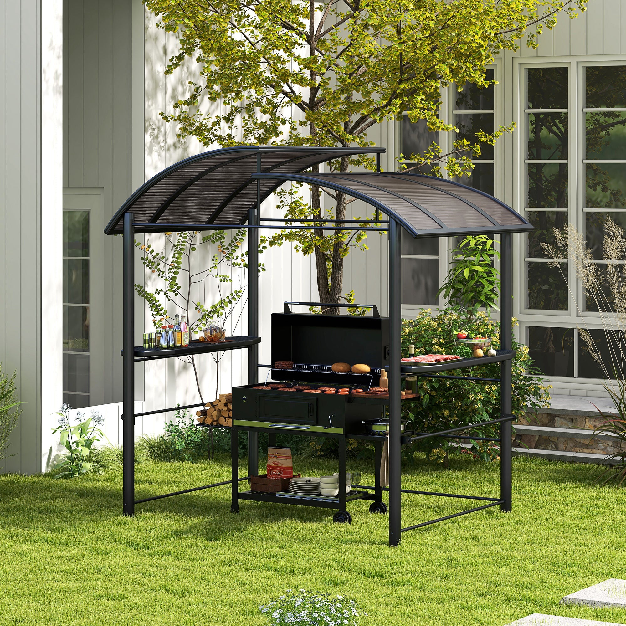 2.4 x 1.5m Outdoor Grill Gazebo with Side Shelves, PC Board Roof, Dark Grey