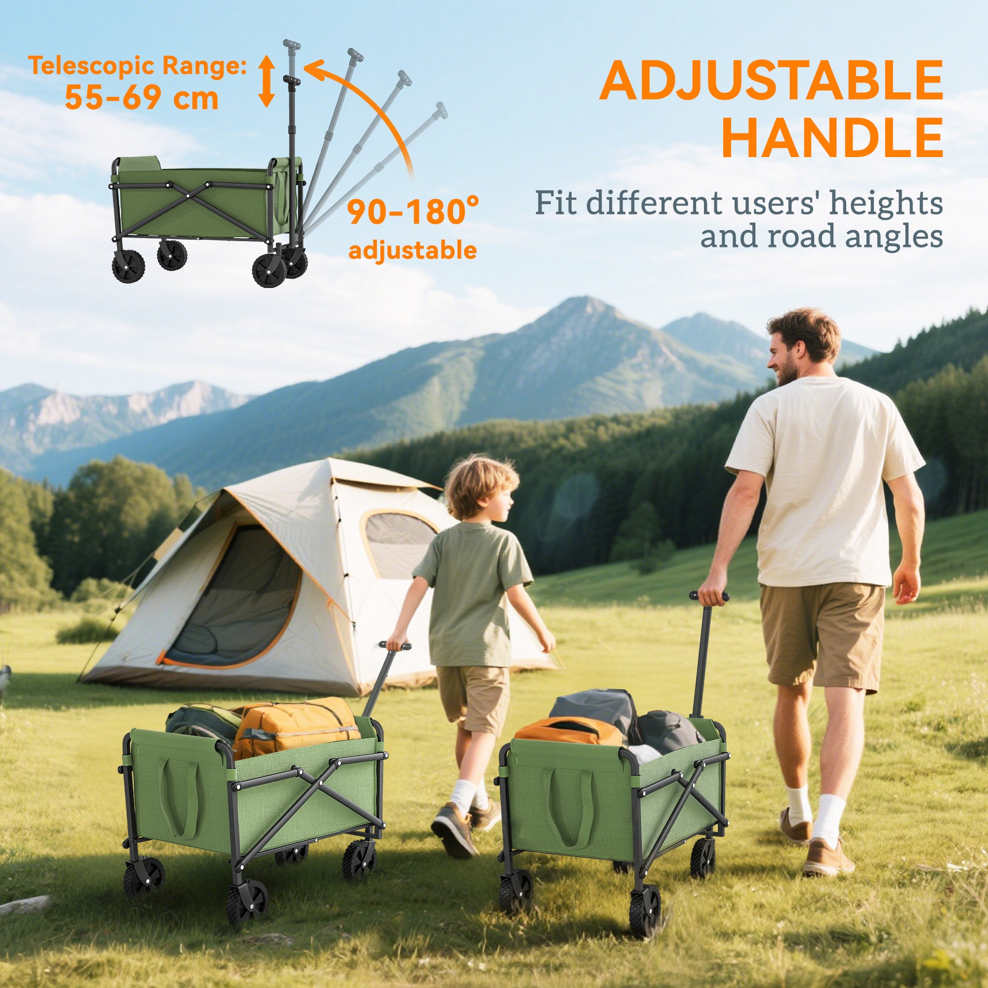 62L Festival Trolley on Wheels, Portable Small Folding Trolley Cart, 60kg Heavy Duty Collapsible Foldable Wagon with Adjustable Handle and Carrying Bag for Beach, Camping, Garden, Green