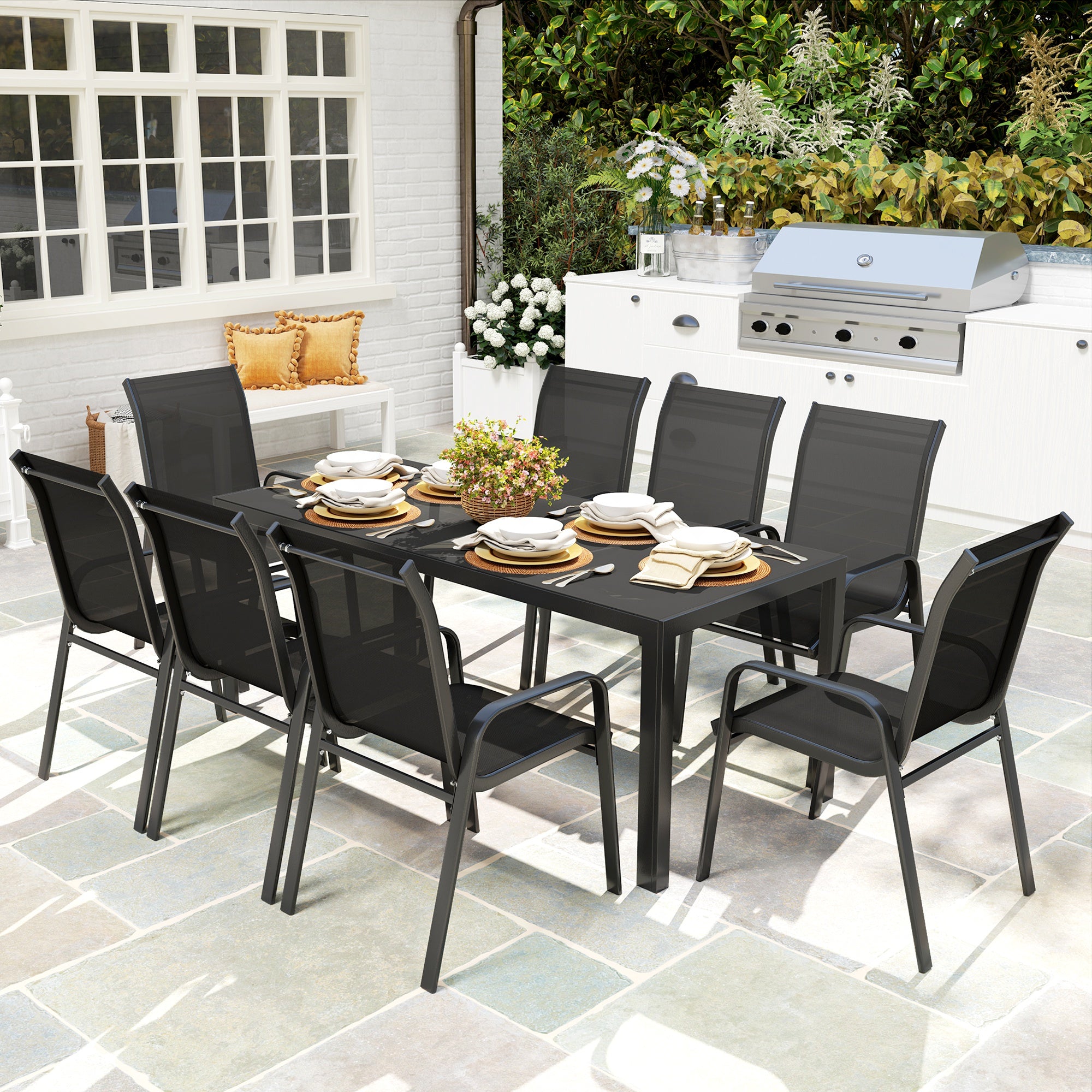 8 Seater Garden Dining Set with Stacking Chairs, Rectangular Tempered Glass Top, Garden Furniture Set, Outdoor Dining Table and Chairs for Patio, Balcony, Poolside, Black