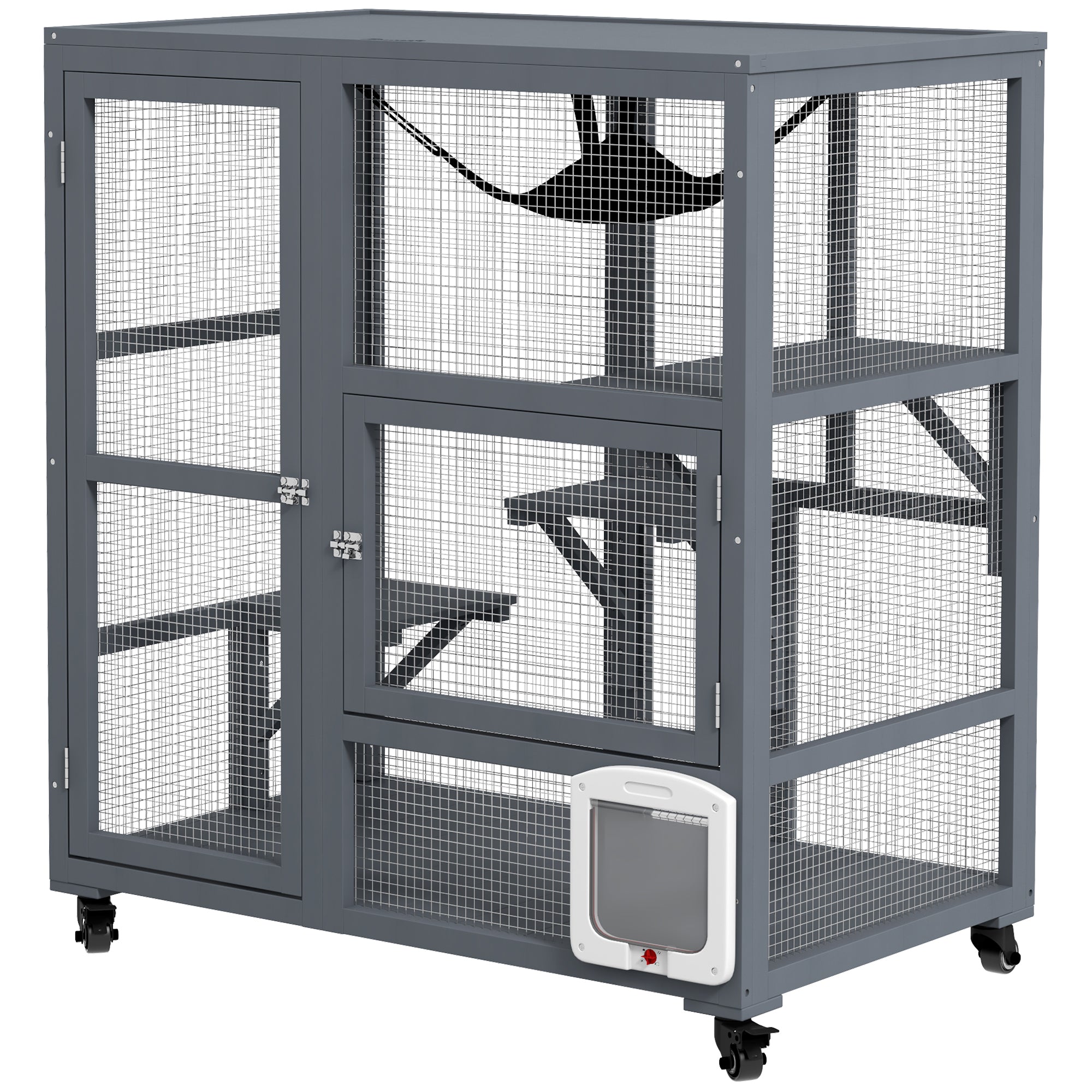 Cat House, Wooden Outdoor Catio Cat Enclosure on Wheels, Wooden Kitty Cage with Platforms, Hammock, Light Grey