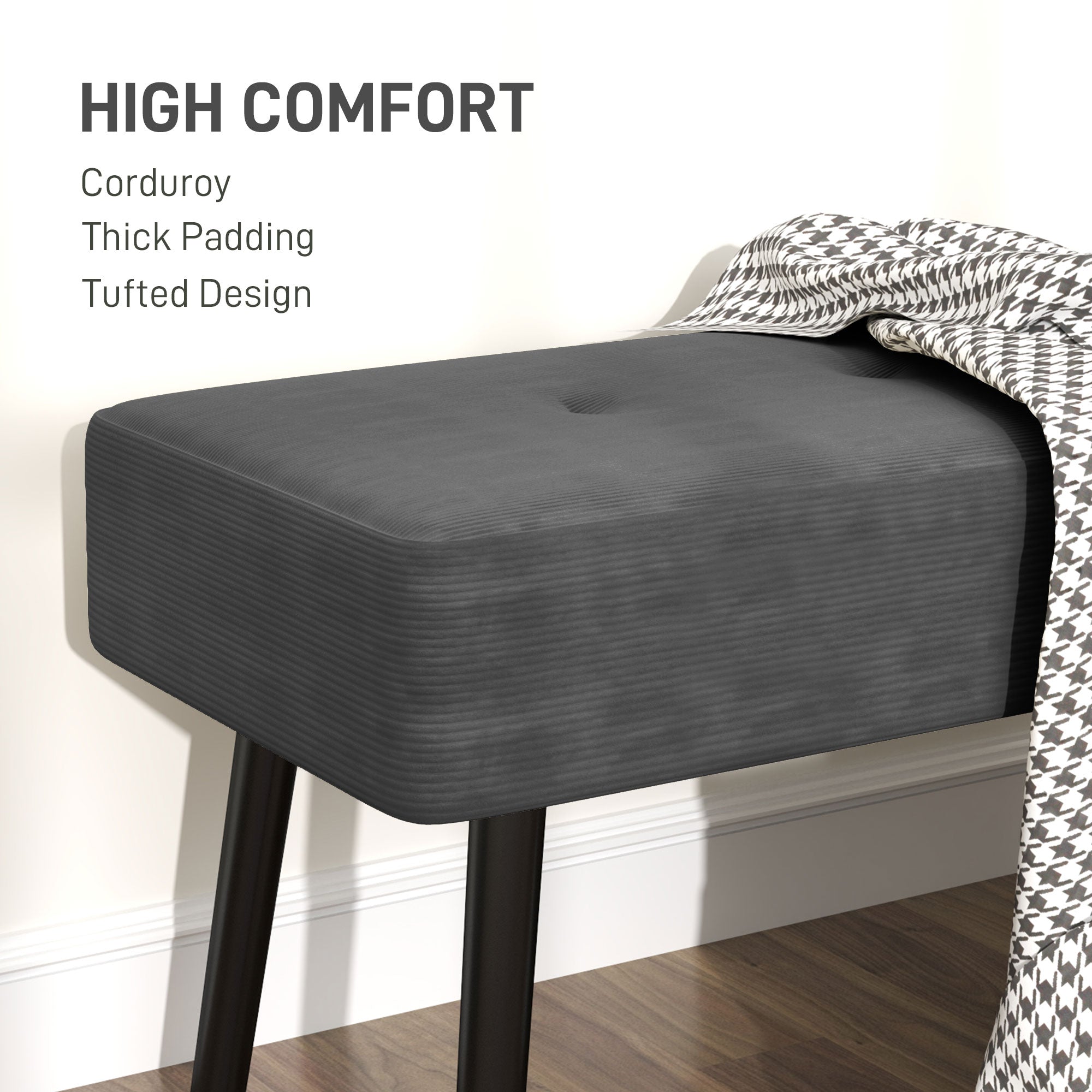 Corduroy End of Bed Bench with Thick Padding and Steel Legs - Grey