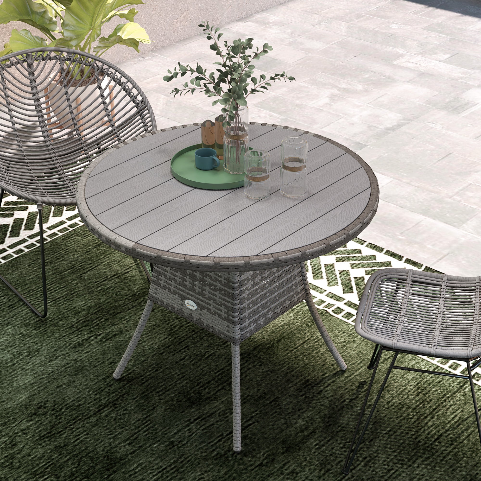 90cm Four-Person Wood-Effect Rattan Dining Table - Grey