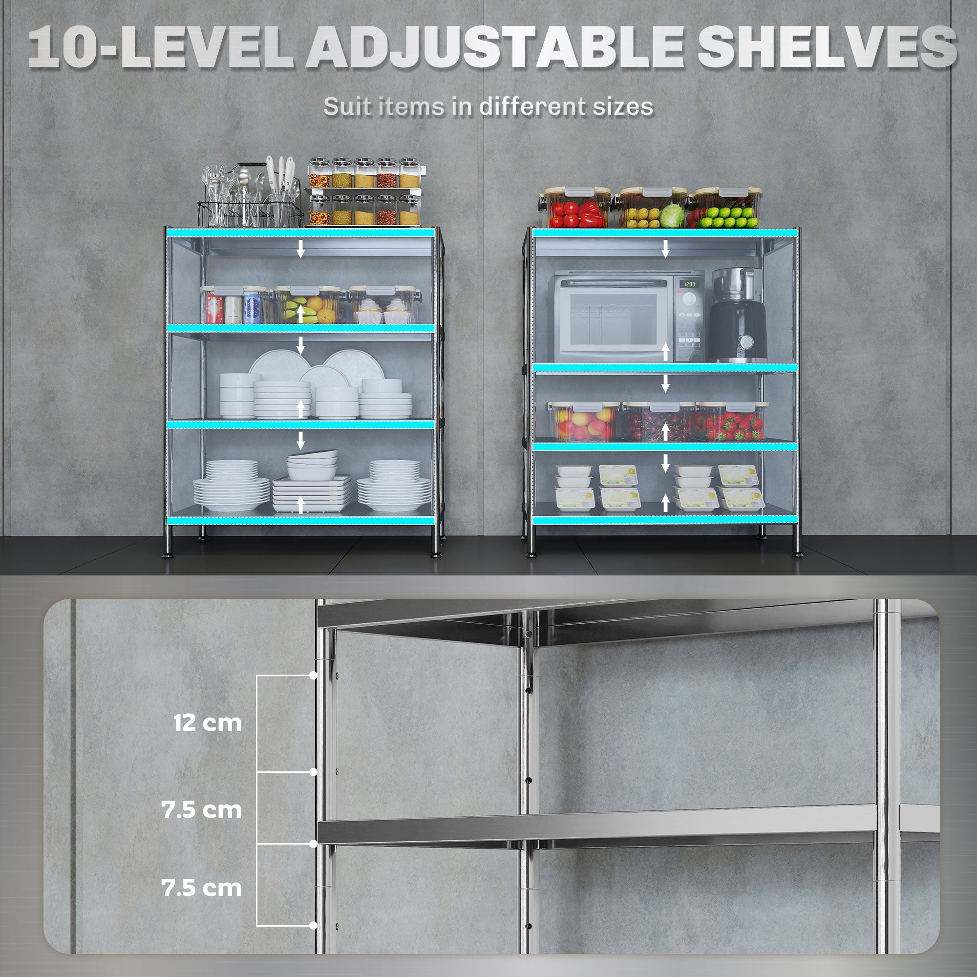 4-Tier Bakers Rack with Storage, Stainless Steel Microwave Stand with Adjustable Shelves for Small Spaces, Kitchen Storage Unit for Spices, Pots and Pans, Silver Tone
