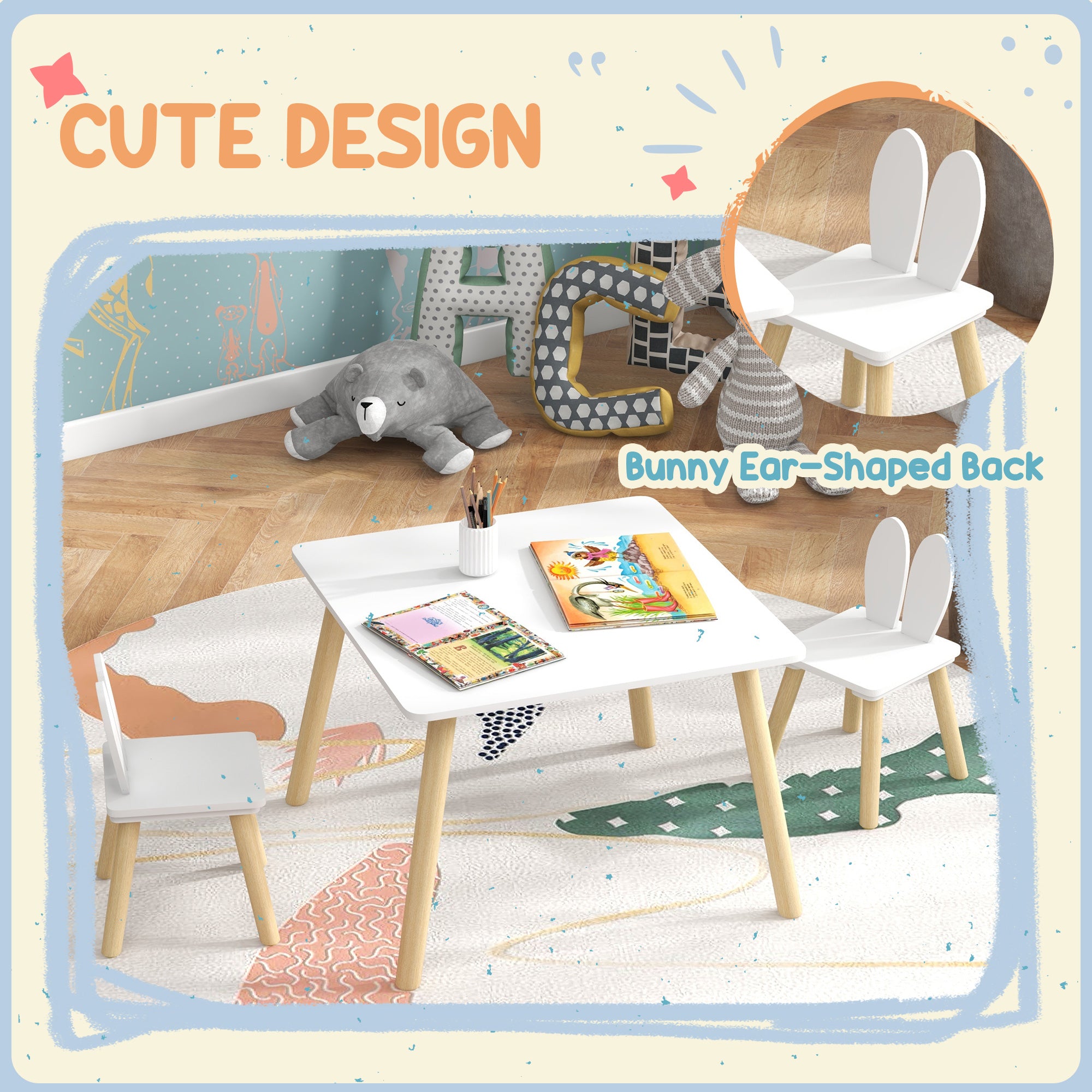 3 Pcs Toddler Table and Chair Set, Kids Desk and 2 Chairs Set w/ Bunny Ear Backrest, for Nursery, Playroom